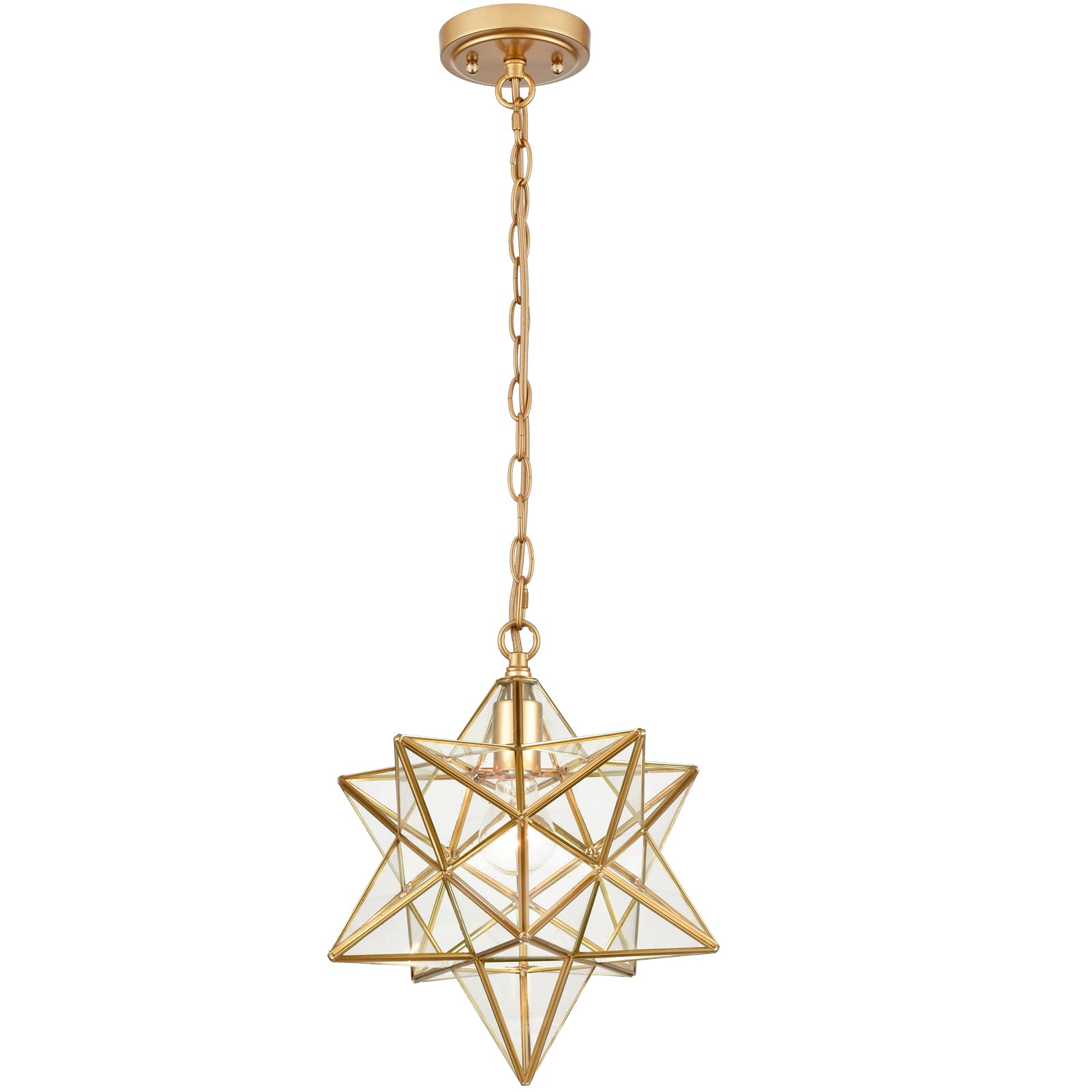 Modern Brass Moravian Star Pendant Light - 14 Inch Clear Glass Shade for Dining Room, Bedroom & Living Room Lighting