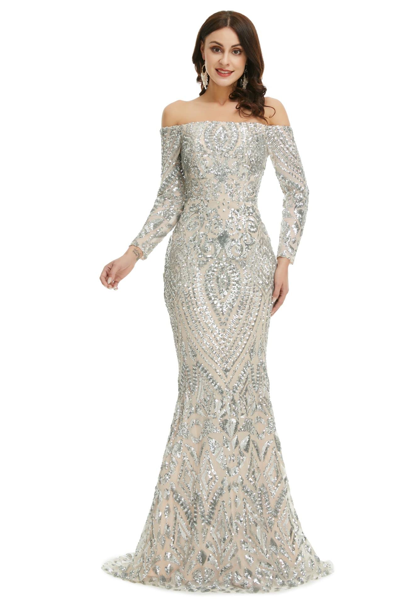 Engerla Women's Off Shoulder Long Sleeve Sequin Mermaid Evening Dress - Elegant Trumpet Formal Gown for Prom, Party, Wedding & Special Occasions