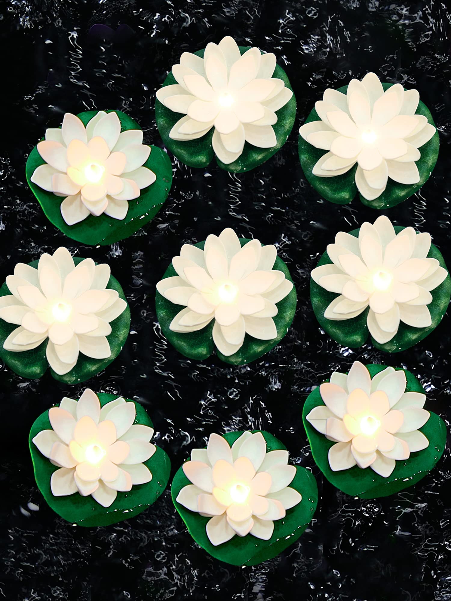 Hortsun 9 Pack Floating Pool Lights - Waterproof LED Lotus Flower Lanterns for Ponds & Pools (3.94 Inch, White & Yellow Light) - Battery Operated Decorative Lights for Backyard, Garden, and Outdoor Parties