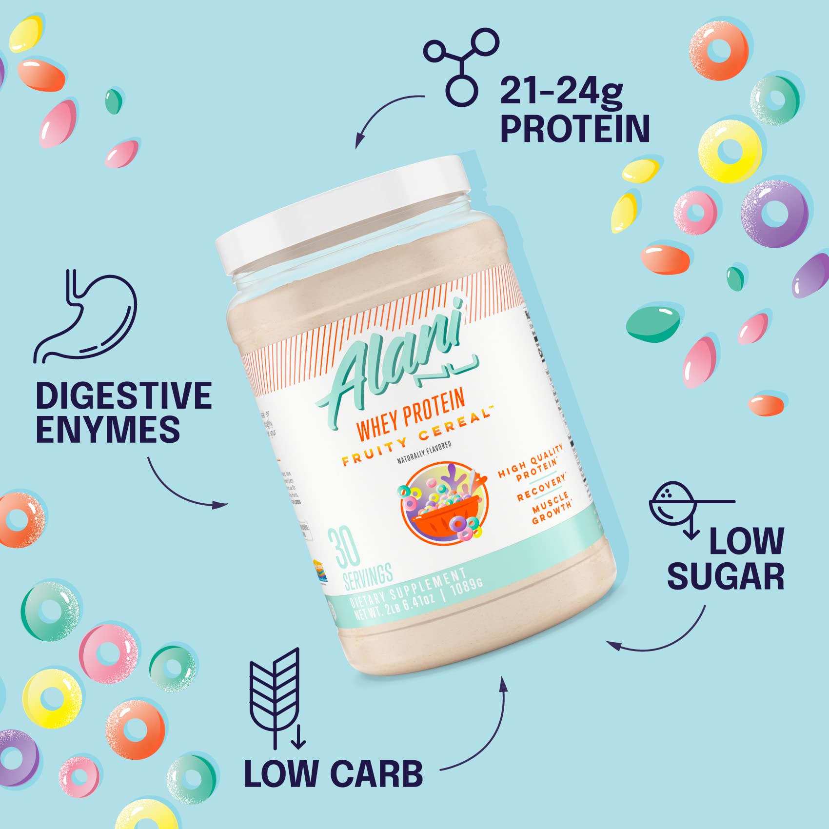 Alani Nu Whey Protein Powder - Fruity Cereal Flavor | 23g Protein, Low Sugar & Digestive Enzymes | Meal Replacement & Post-Workout Supplement | Low Fat, Low Carb Whey Isolate Protein Blend | 30 Servings for Gym, Weight Loss & Healthy Lifestyle
