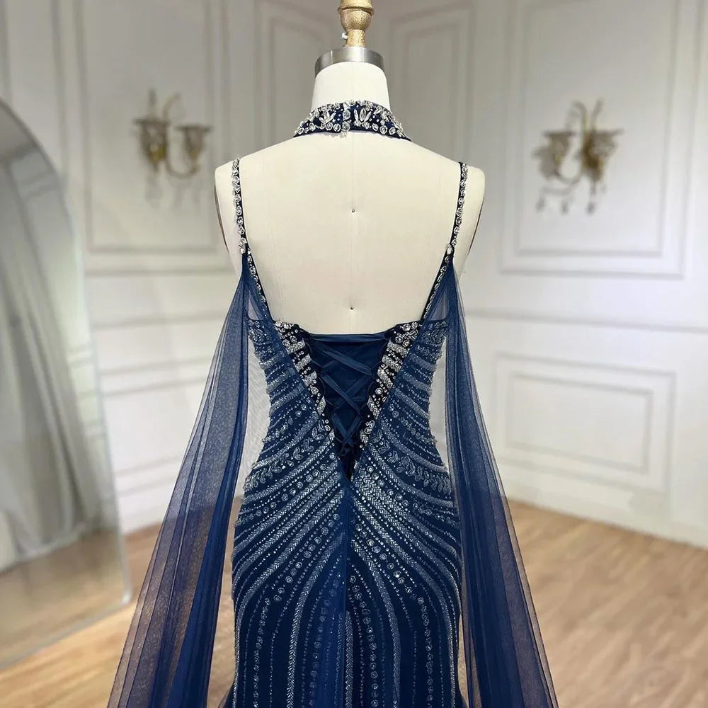 Serene Hill Blue Spaghetti Strap Long Mermaid Evening Gown with Beaded Lace-Up Detail - Elegant Formal Dress for Women's Wedding, Prom, Party & Special Occasions