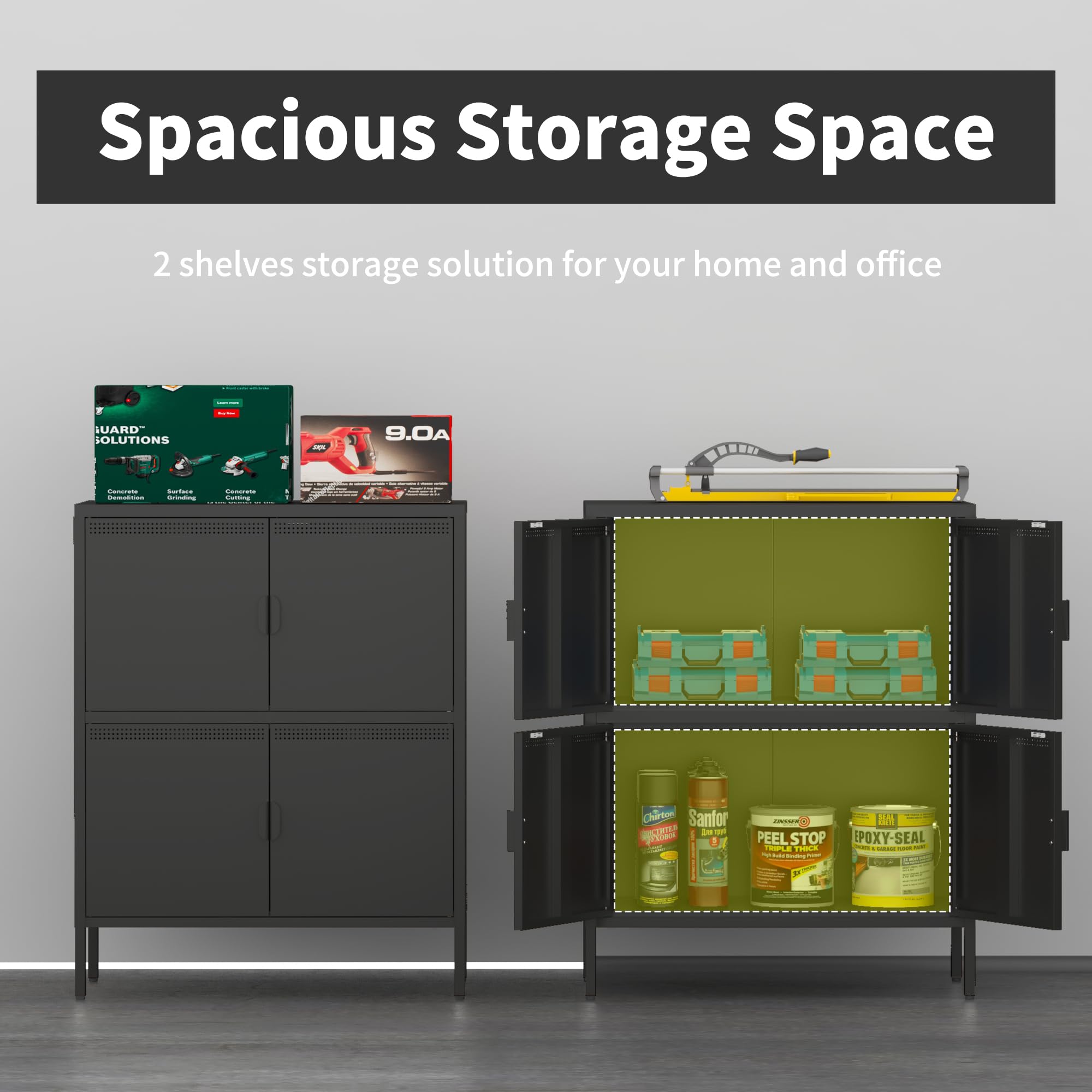 3-Tier Heavy Duty Metal Storage Cabinet - 120LBS Capacity, 4-Door Locker with Adjustable Shelves for Home, Office, Garage & Gym Organization (Black) | Perfect for Storing Tools, Sports Equipment & Office Supplies