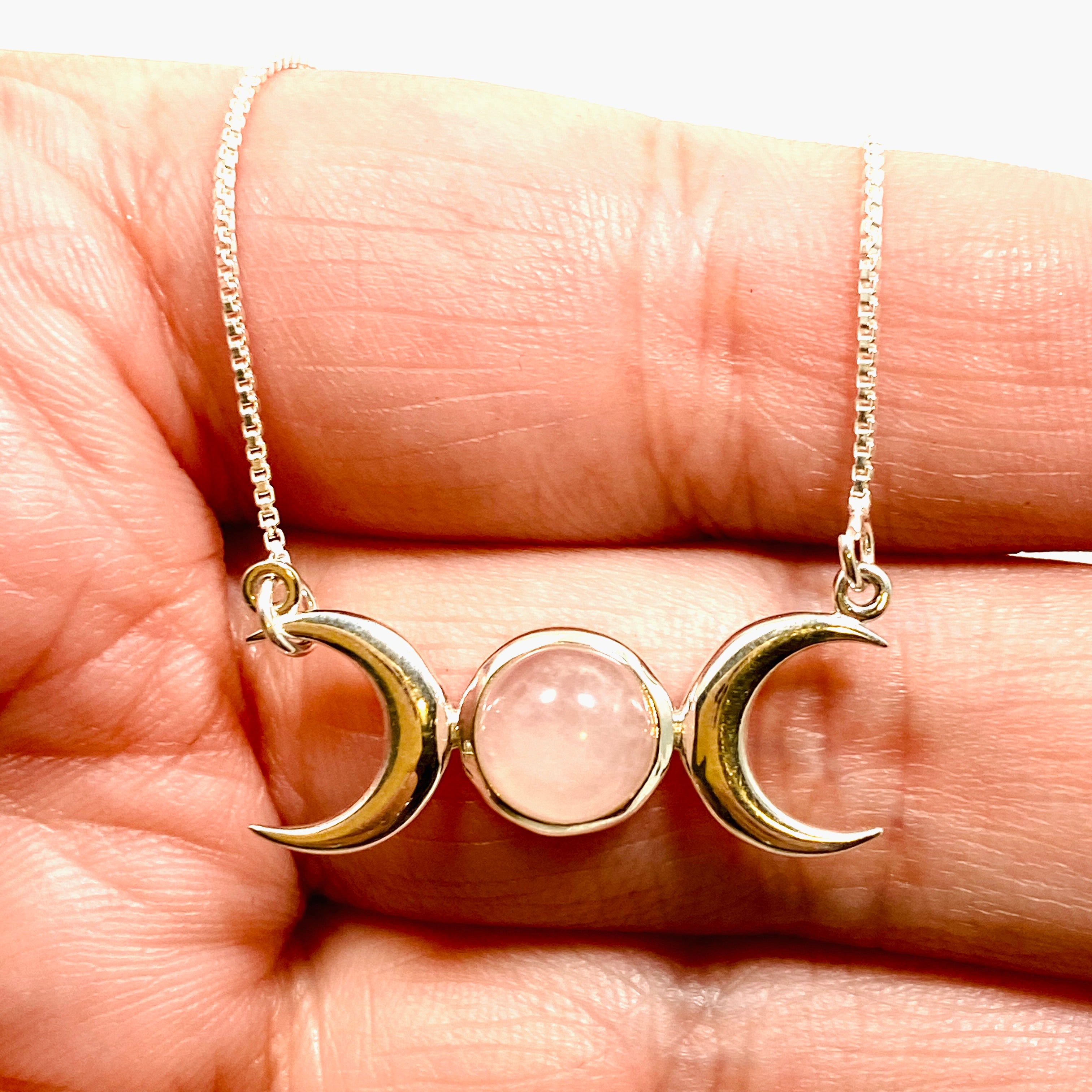 Rose Quartz Triple Goddess Necklace - Healing Crystal Jewelry for Women, 925 Sterling Silver Pendant with Chain, Spiritual Gift for Meditation, Yoga & Energy Balancing (Style NK342 RQ)