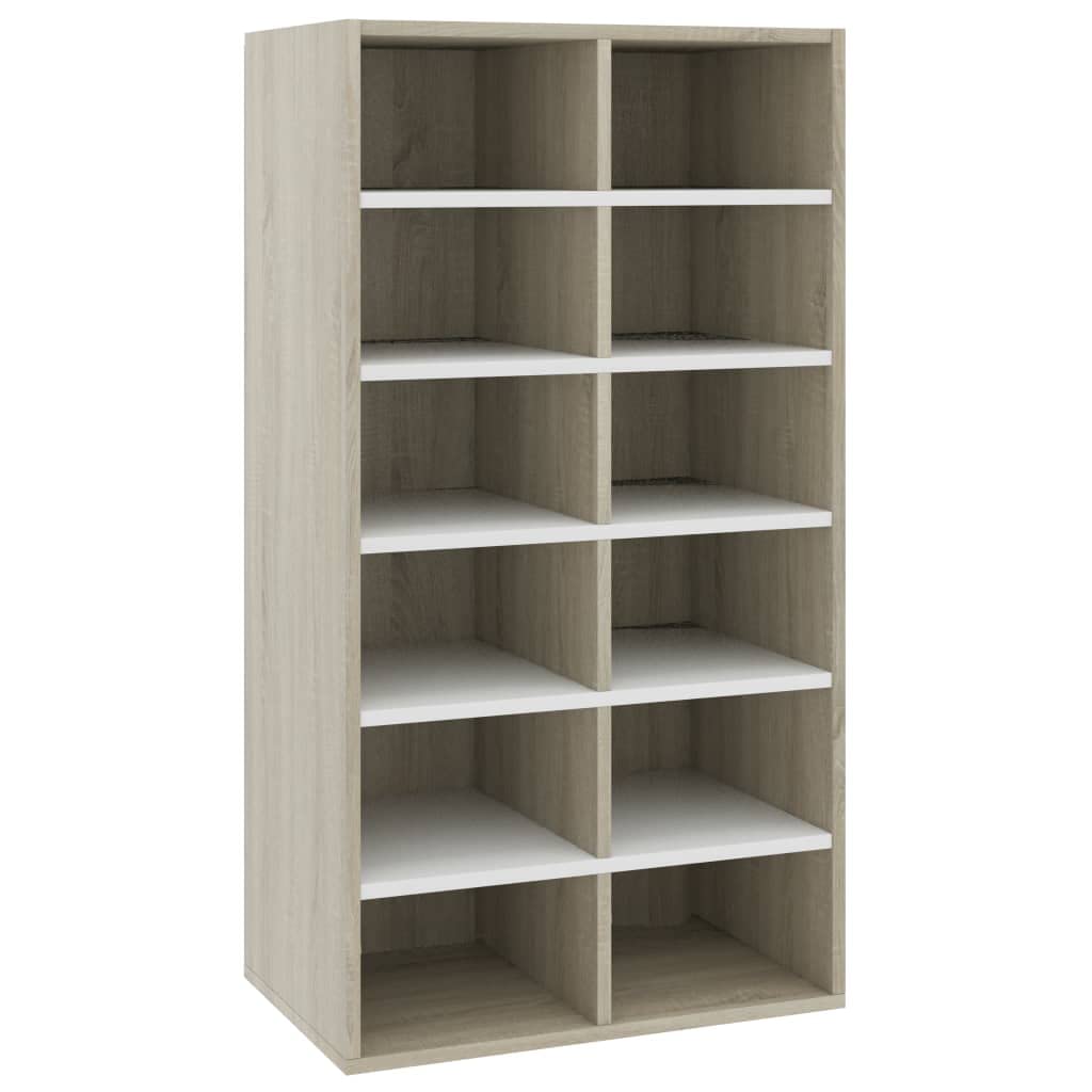 vidaXL 12-Tier Shoe Rack Organizer - White & Sonoma Oak Engineered Wood Shoe Cabinet for Home, Entryway, Closet Storage | Space-Saving Furniture for Sneakers, Boots & Heels | Indoor Shoe Shelf for Apartment, Dorm & Mudroom Organization