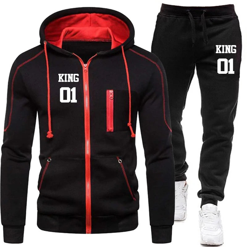 Men's King Printed Tracksuit Set - Zipper Hoodie & Pants 2 Piece Winter Gym Outfit for Jogging, Fitness & Casual Wear | Perfect for Workouts, Running & Street Style Fashion