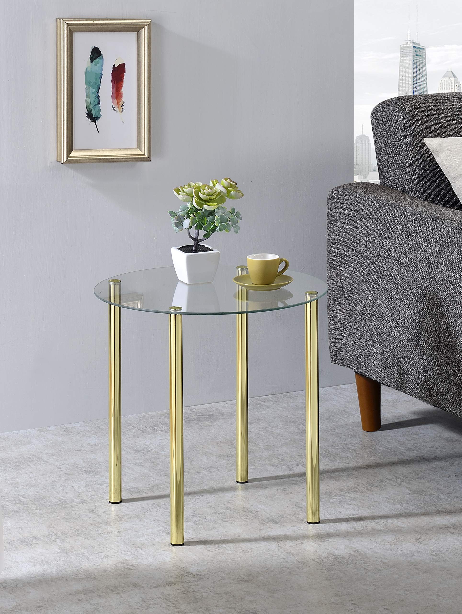 Kings Brand Furniture - Milnai Round Side End Accent Table, Gold Metal and Glass Top, Modern Living Room Decor, Bedroom Nightstand, Coffee Table for Small Spaces