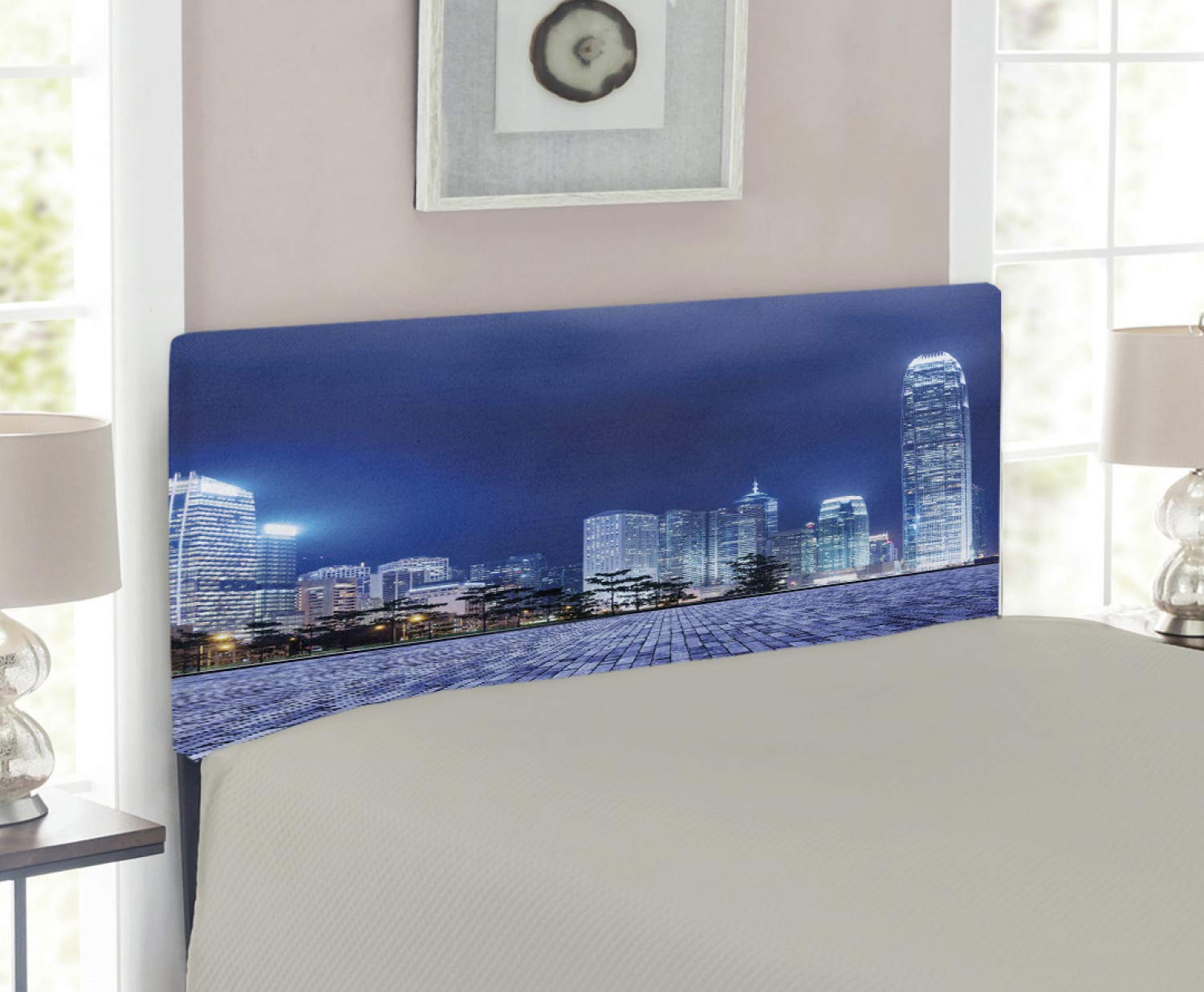 Ambesonne Urban Headboard - Hong Kong Skyline Night Cityscape with Skyscrapers, Modern Upholstered Metal Bed Headboard with Memory Foam, Twin Size, Purple-Grey Royal Blue - Perfect for Contemporary Bedrooms & Apartment Decor