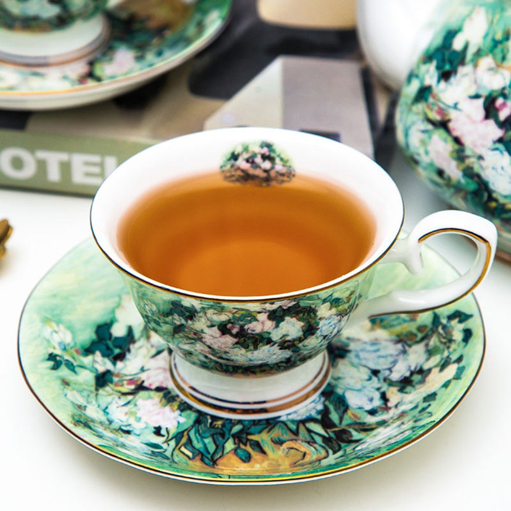 Van Gogh White Rose Bone China Tea Set - Elegant Porcelain Tea Cups & Saucers for Afternoon Tea, Gift, and Home Decor
