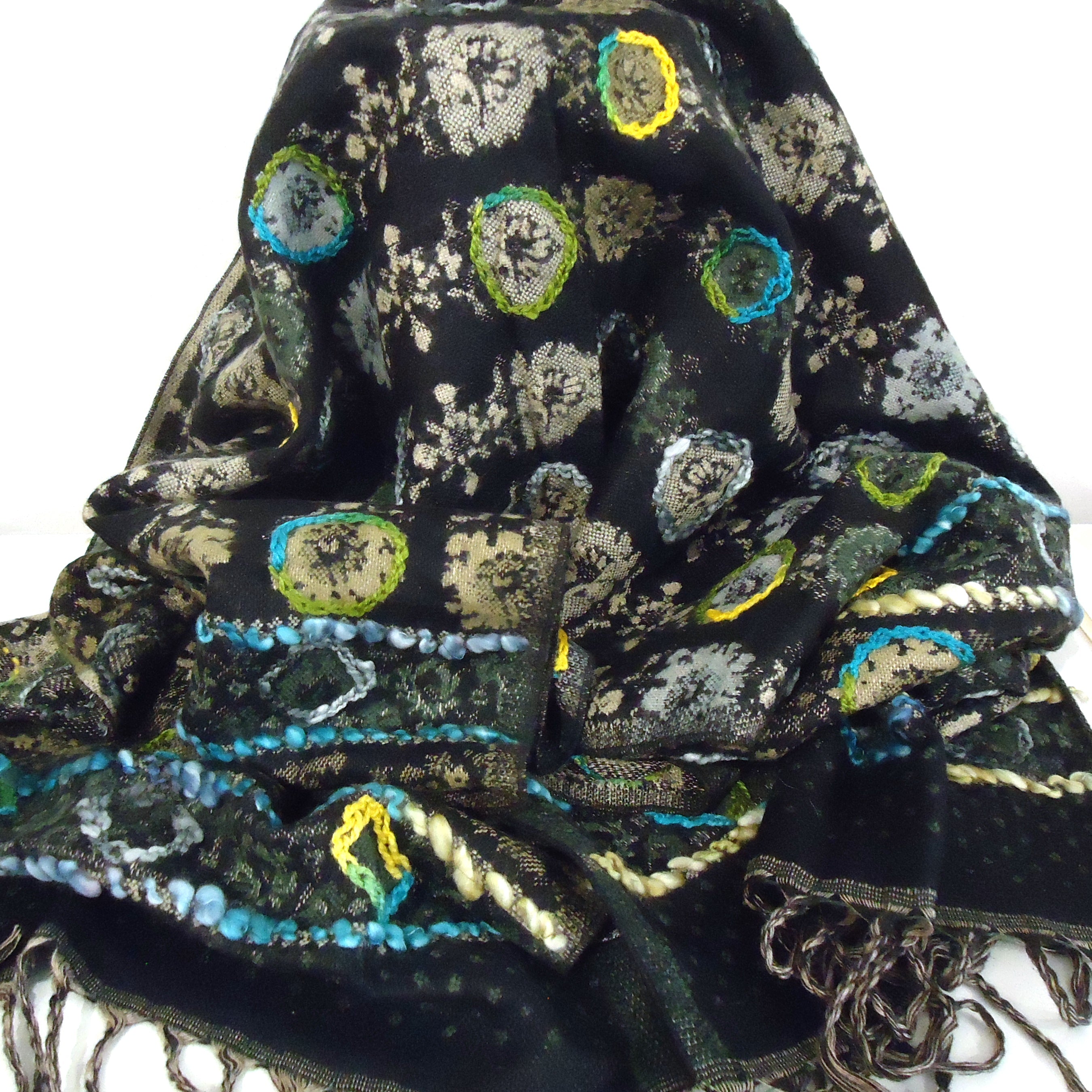 Elegant Silk & Wool Scarf with Handmade Zinnia Embroidery - Perfect for Winter Fashion & Gift Giving