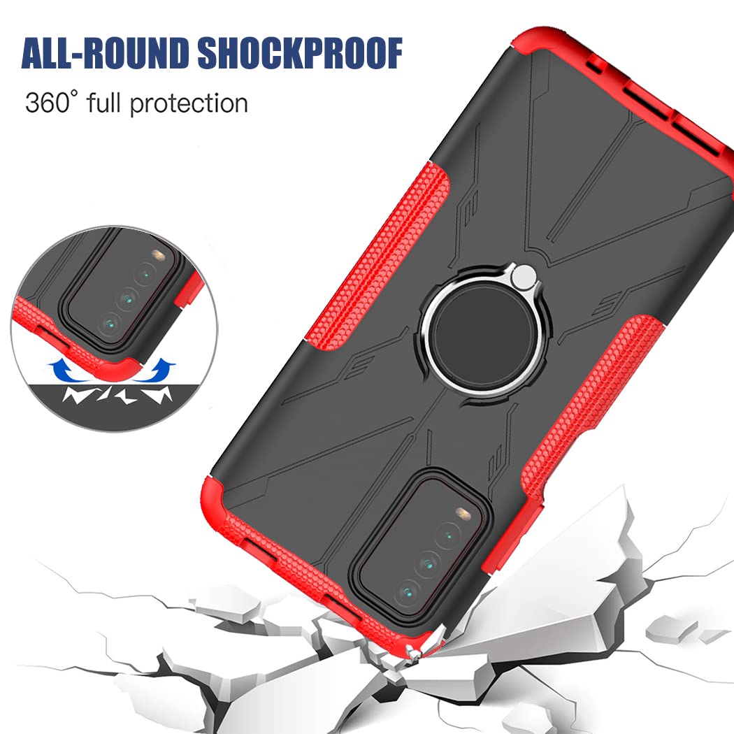 Premium Shockproof Phone Case for Redmi 9T/Poco M3/Redmi Note 9 4G M2010J19SL - Includes Tempered Glass Screen Protector & 360° Rotating Metal Ring Holder Kickstand - Durable Protection Cover for Xiaomi Redmi 9T (Red) - Perfect for Work, Travel & Outdoor Activities