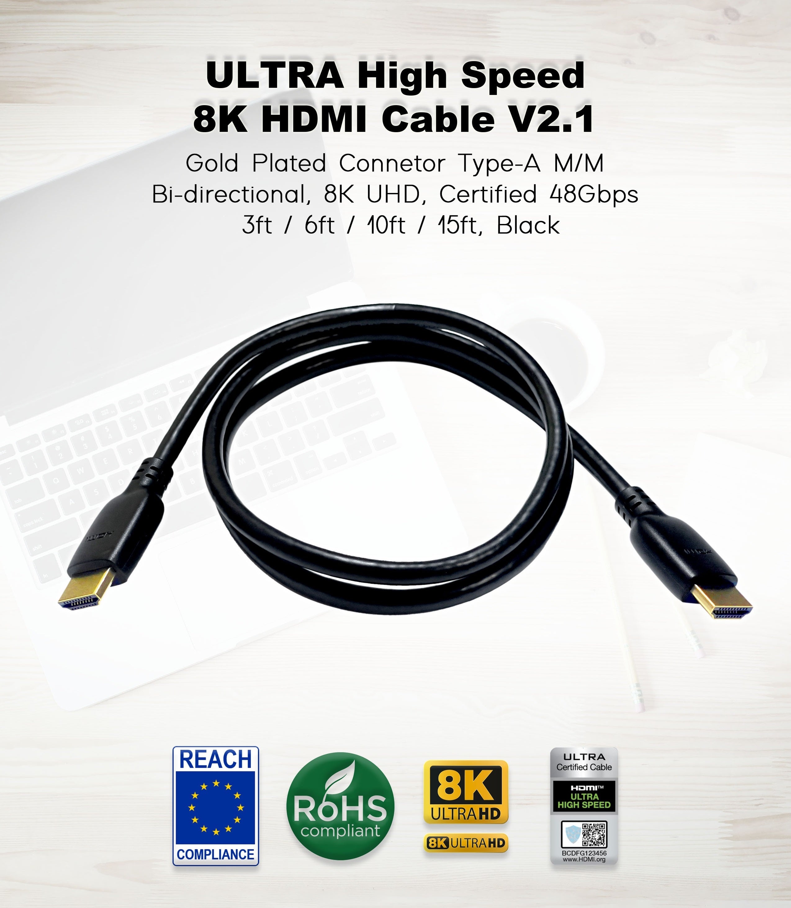 8K HDMI 2.1 Ultra High Speed Cable 48Gbps 6FT/15FT - Certified for 8K@60Hz 4K@120Hz HDR - Perfect for Gaming, Home Theater & 4K/8K TVs