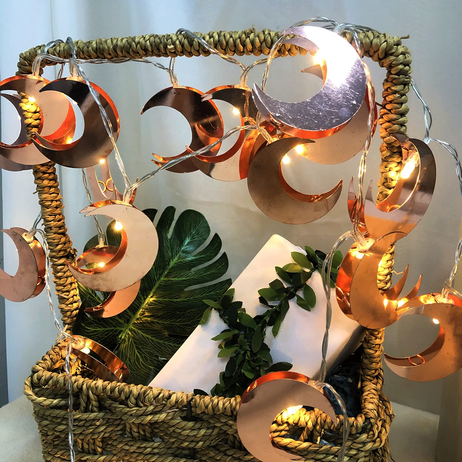 Rose Gold Moon String Lights - 19.7ft 40 LED Battery Powered Fairy Lights with Copper Metal Lanterns for Bedroom, Wedding, Garden Decor | Romantic Ambiance Lighting for Outdoor Patio, Party, Home Decor (Rosa Gold Moon Lights)
