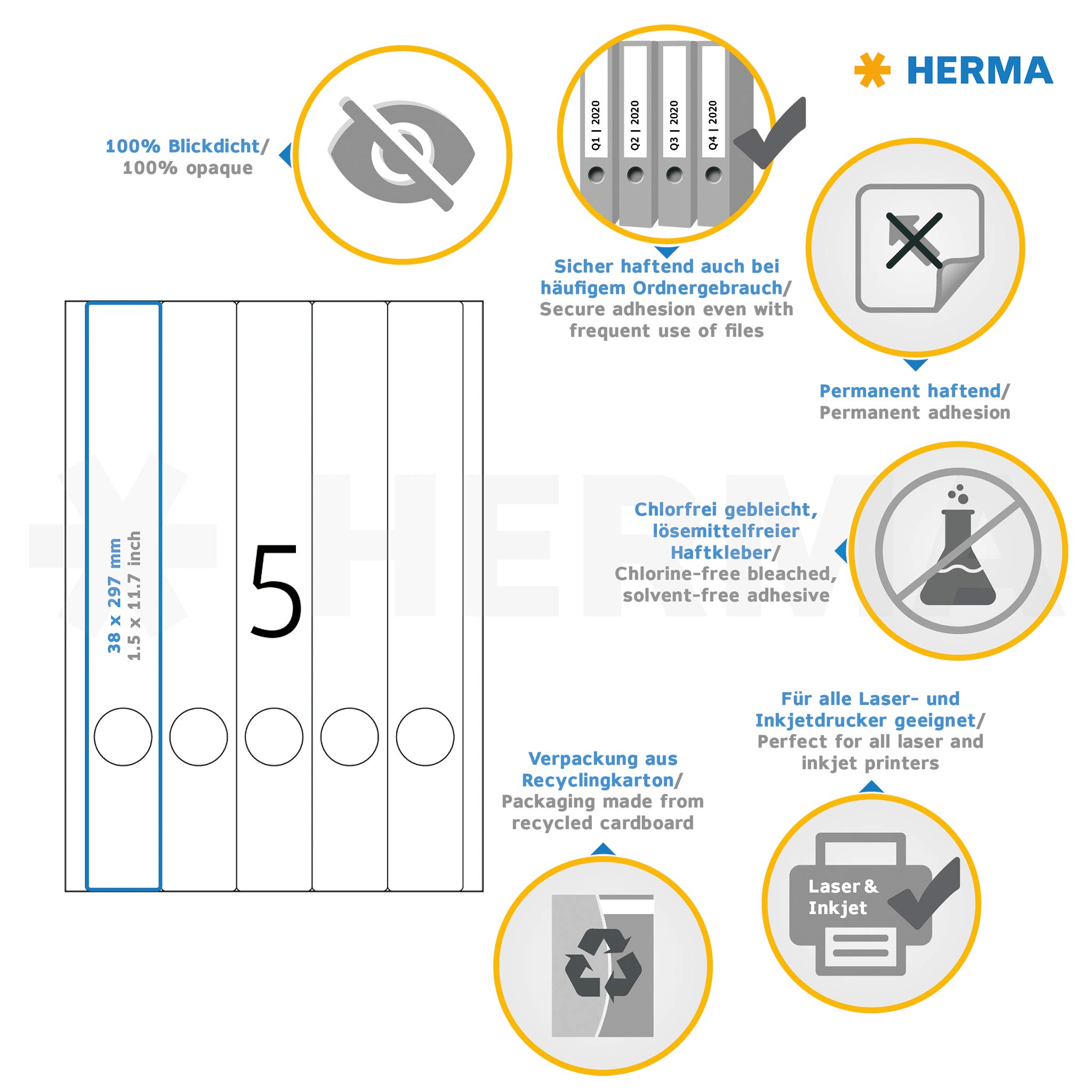 HERMA Self Adhesive Spine Labels - 125 Blank White Labels (5 per A4 Sheet, 25 Sheets) 38x297mm - Compatible with Laser & Inkjet Printers - Perfect for Lever Arch File Folders, Document Organization & Office Filing Systems