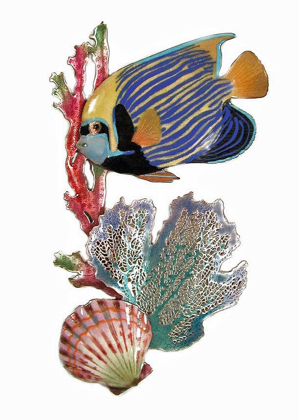 Emperor Angelfish Metal Wall Sculpture with Coral - Coastal Nautical Wall Art Decor for Beach House, Living Room & Office
