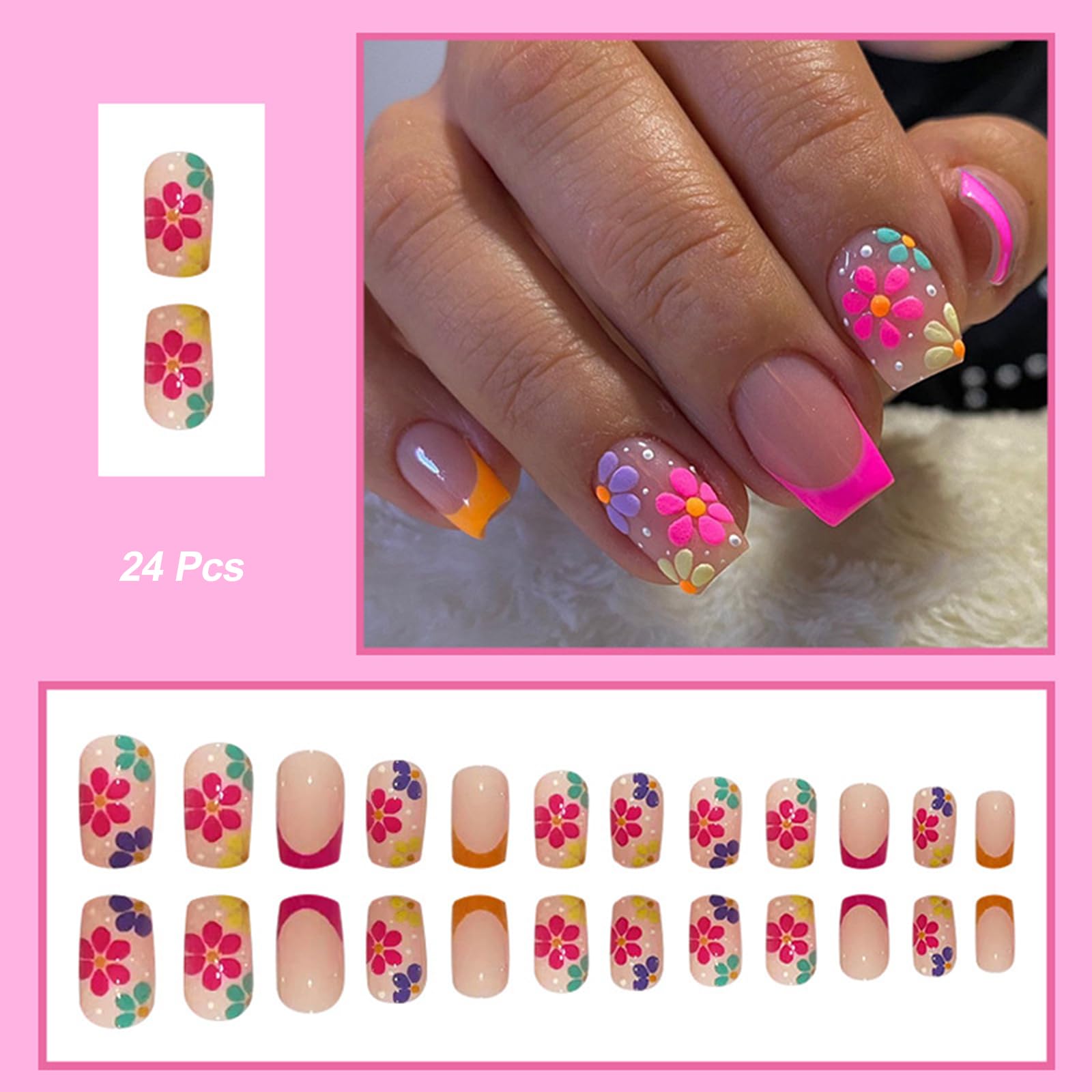 Pink Orange French Tip Press on Nails with Floral Design - Medium Square Fake Nails for Women - 24Pcs Acrylic Manicure Kit - Spring Summer Nail Art for Parties, Weddings & Daily Wear
