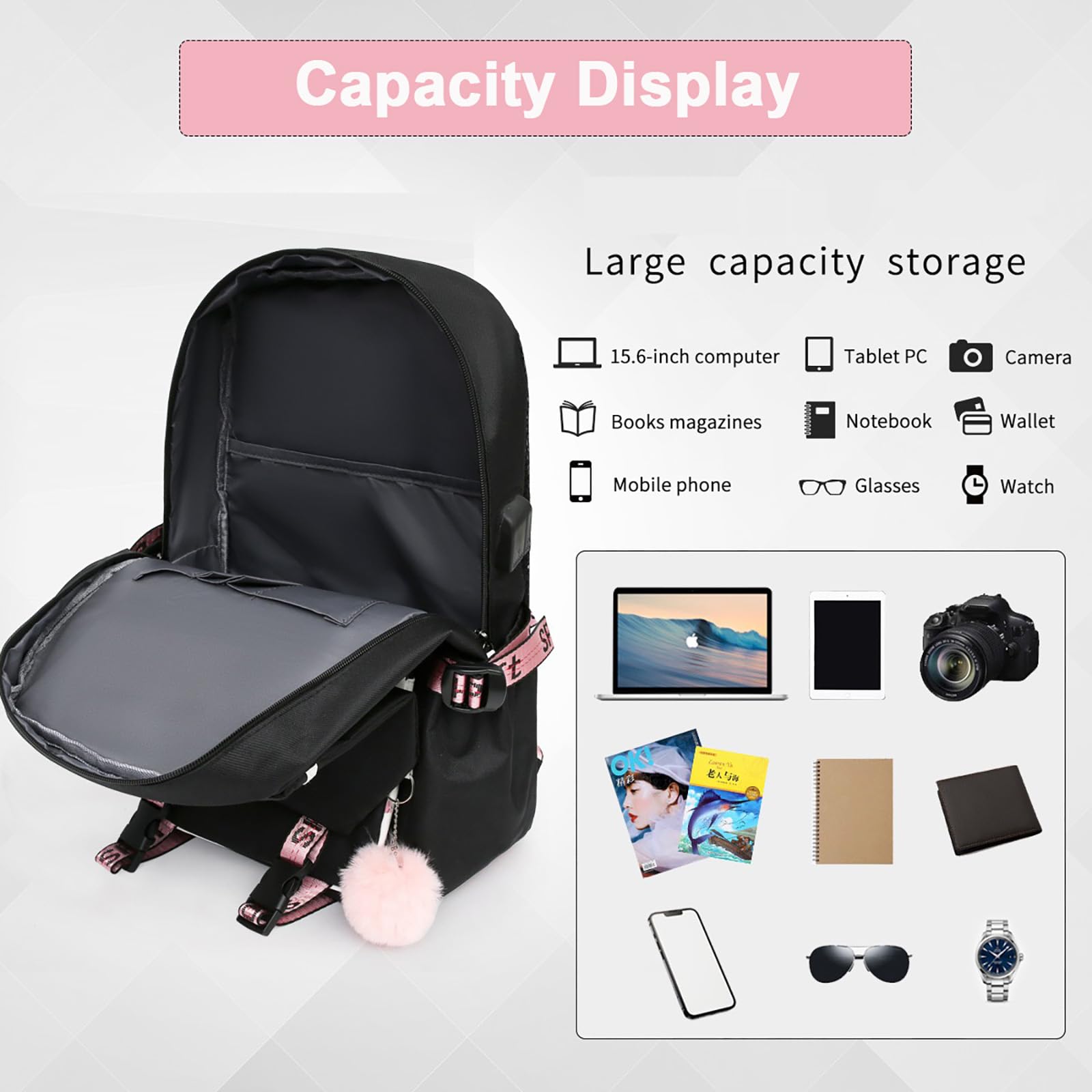 Anime Laptop Backpack for Women & Girls - Stylish 15.6 Inch College Bookbag with USB Charging Port, Durable Carry-On Daypack for School, Work & Travel