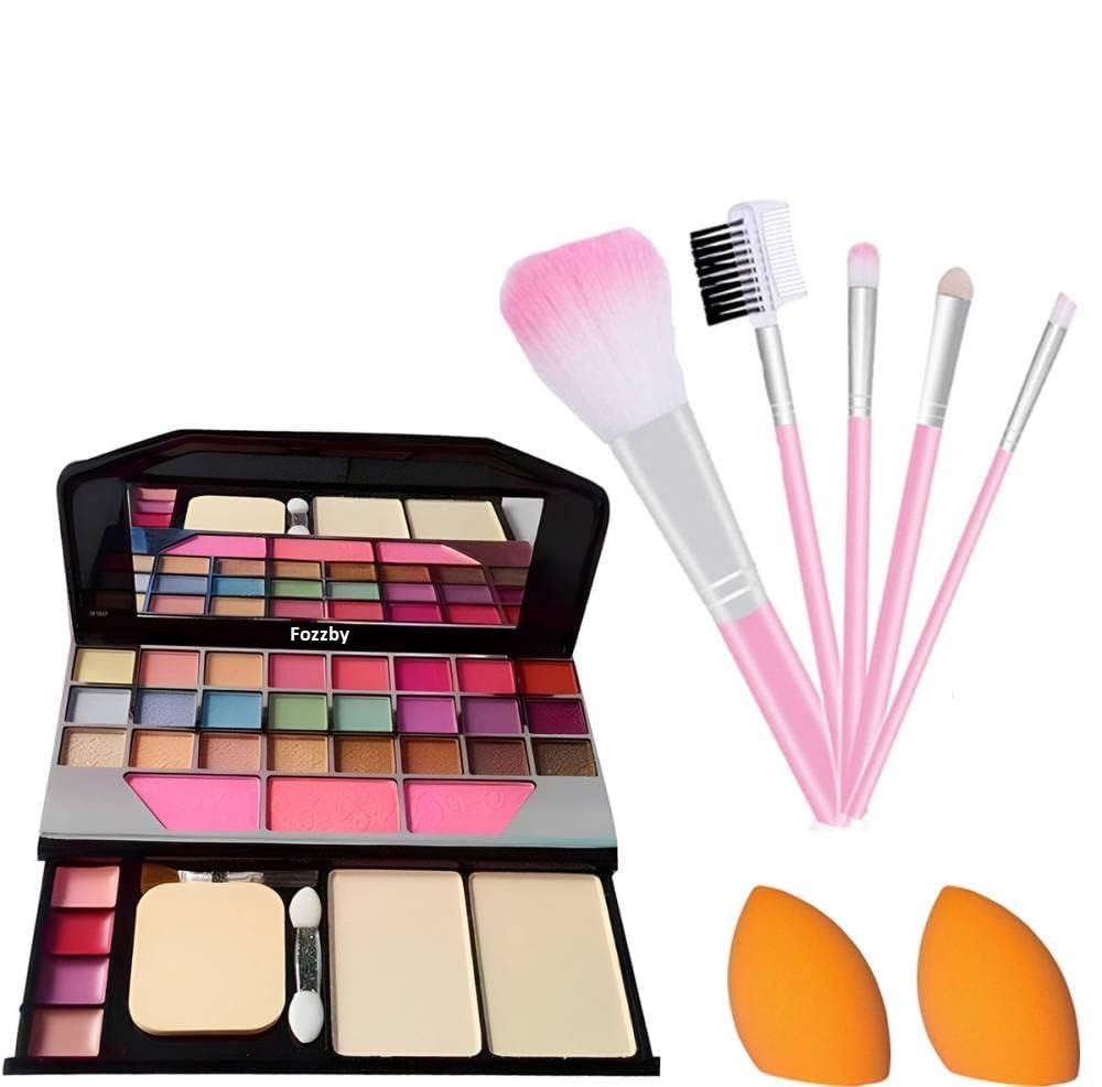 Fozzby Complete Makeup Kit with 5 Pcs Professional Makeup Brushes & 2 Pcs Blender Puff Set - Multicolor for Daily Makeup & Professional Cosmetics Application