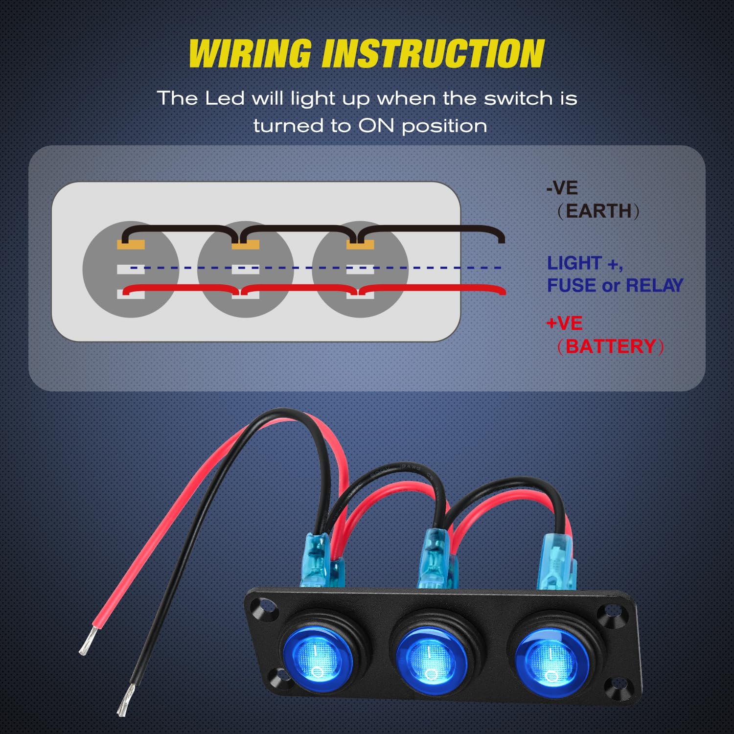 3 Gang 3 Pin Pre-Wired Toggle Switch Panel - Blue LED Light Switch for Marine, RV, Boat & Automotive Dashboard Control Panel - Waterproof & Durable Electrical Switch
