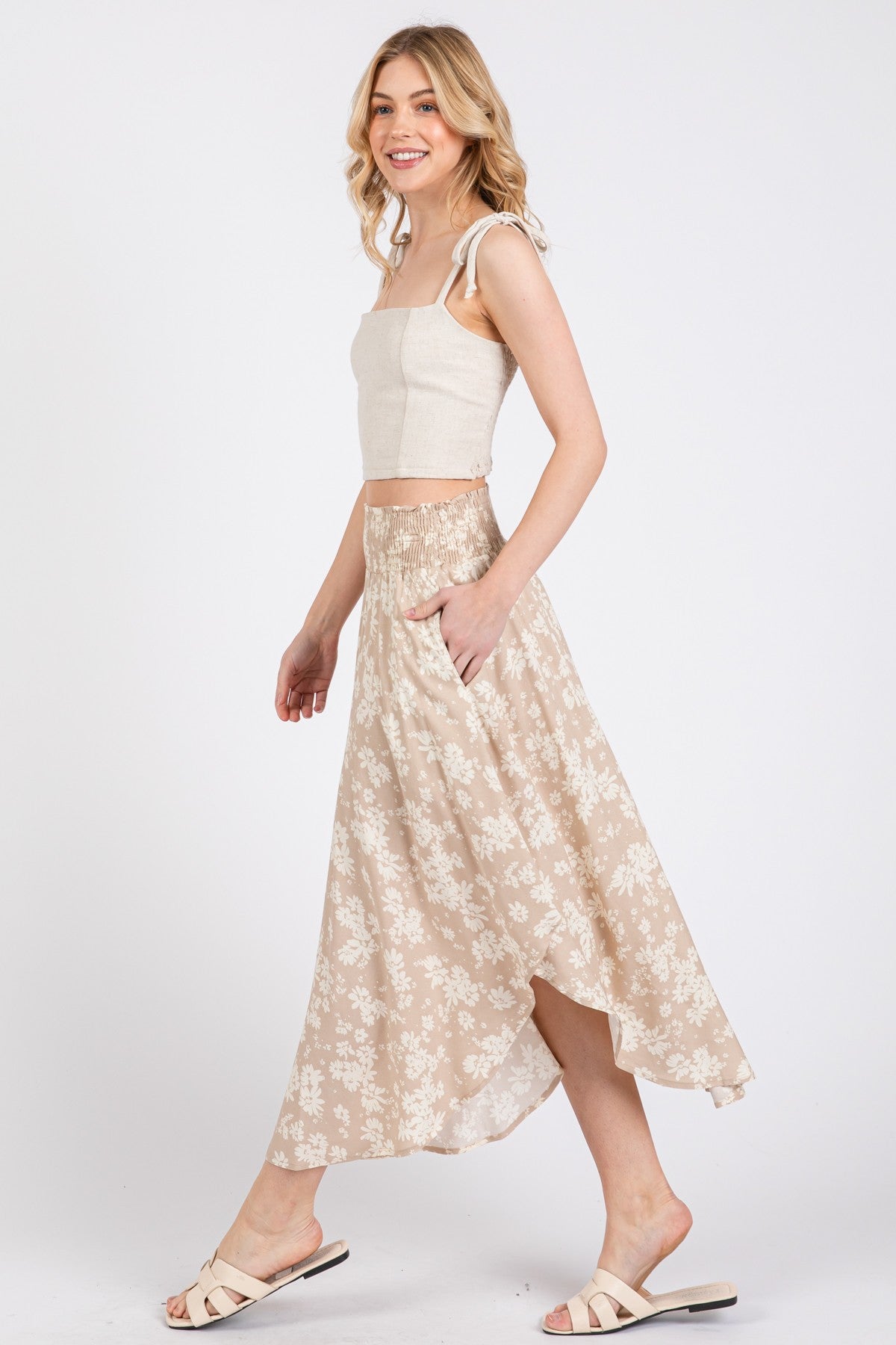 Beige Floral Smocked Waist Round Hem Maxi Skirt for Women - Boho Summer Beach Dress with Pockets | Perfect for Vacations, Weddings & Outdoor Parties