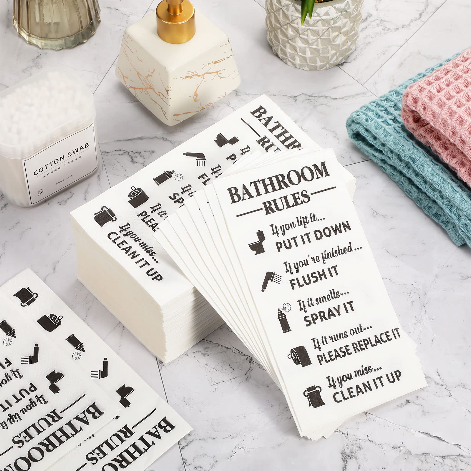 Funrous 100-Pack Disposable Paper Hand Towels - Premium Bathroom Guest Napkins for Weddings, Birthday Parties & Baby Showers | Decorative Toilet Rules Towels for Home & Event Decor