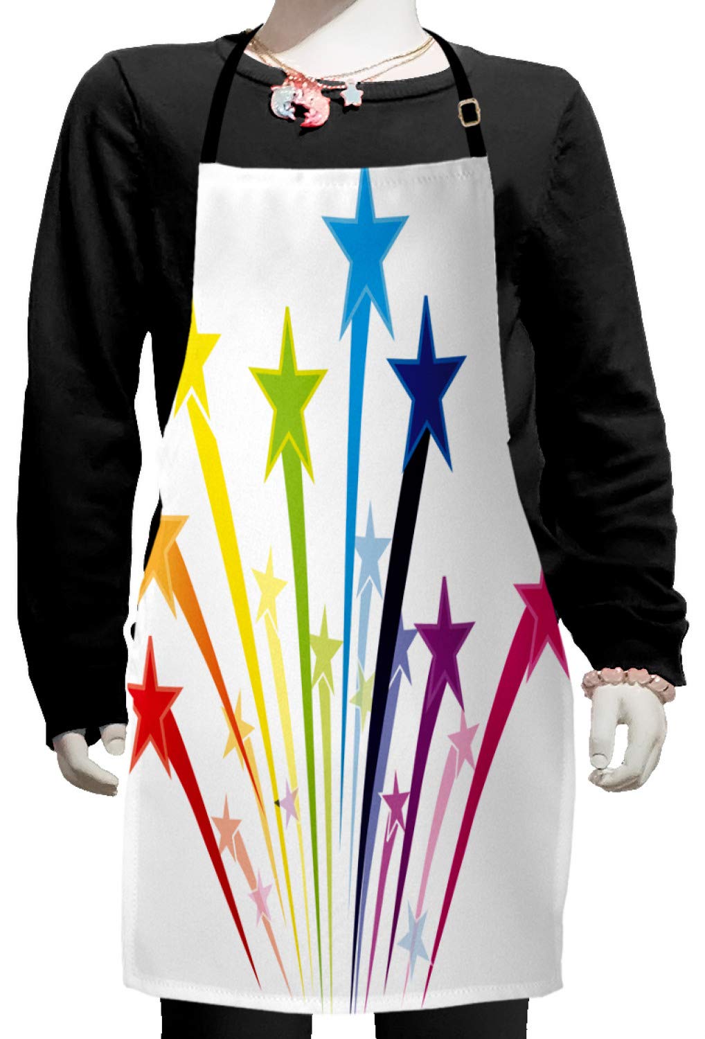 Ambesonne Colorful Apron with Rainbow Shooting Stars Design - Adjustable Ties for Baking, Painting & Cooking - Small White & Multicolor Kitchen Apron for Women & Men - Perfect for Home Chefs, Artists & DIY Enthusiasts