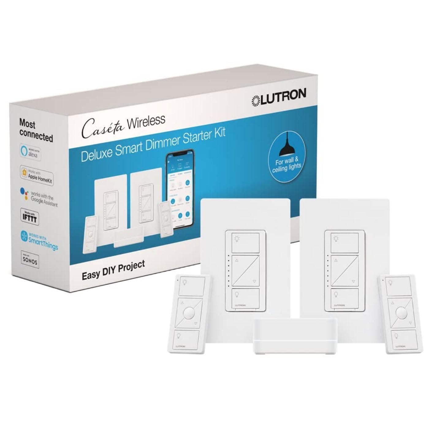 Lutron Caseta Deluxe Smart Dimmer Switch Kit with Wireless Remote - White | Works with Alexa, Apple HomeKit | 3-Way Switch Compatible | P-BDG-PKG2W-A & P-PKG1WS-WH | Perfect for Smart Home Lighting Control in Living Room, Bedroom, or Office