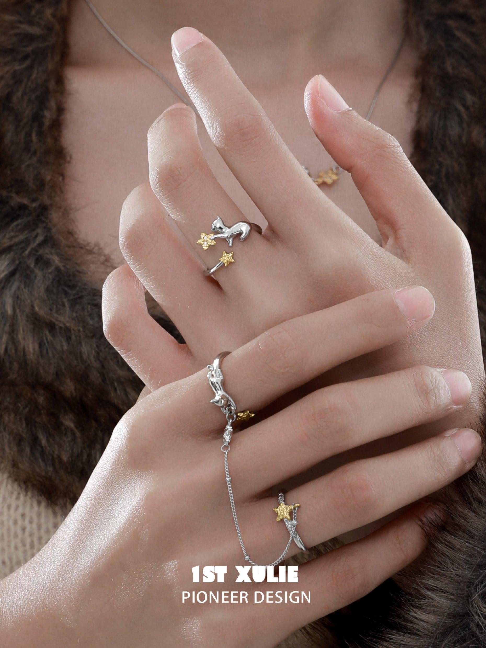 CAT'S GAZE S925 Sterling Silver Cat Ring - Elegant Stackable Dainty Jewelry for Women, Perfect for Everyday Wear, Gifts & Special Occasions