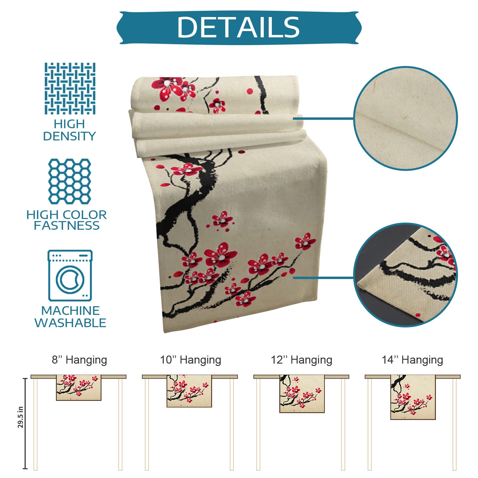 Spring Chinese Painting Cherry Blossoms Table Runner - 13x36 Inch Non-Slip Washable Table Scarf for Farmhouse, Kitchen, Dining & Coffee Table Decor | Perfect for Holiday Dinners, Parties & Home Decor
