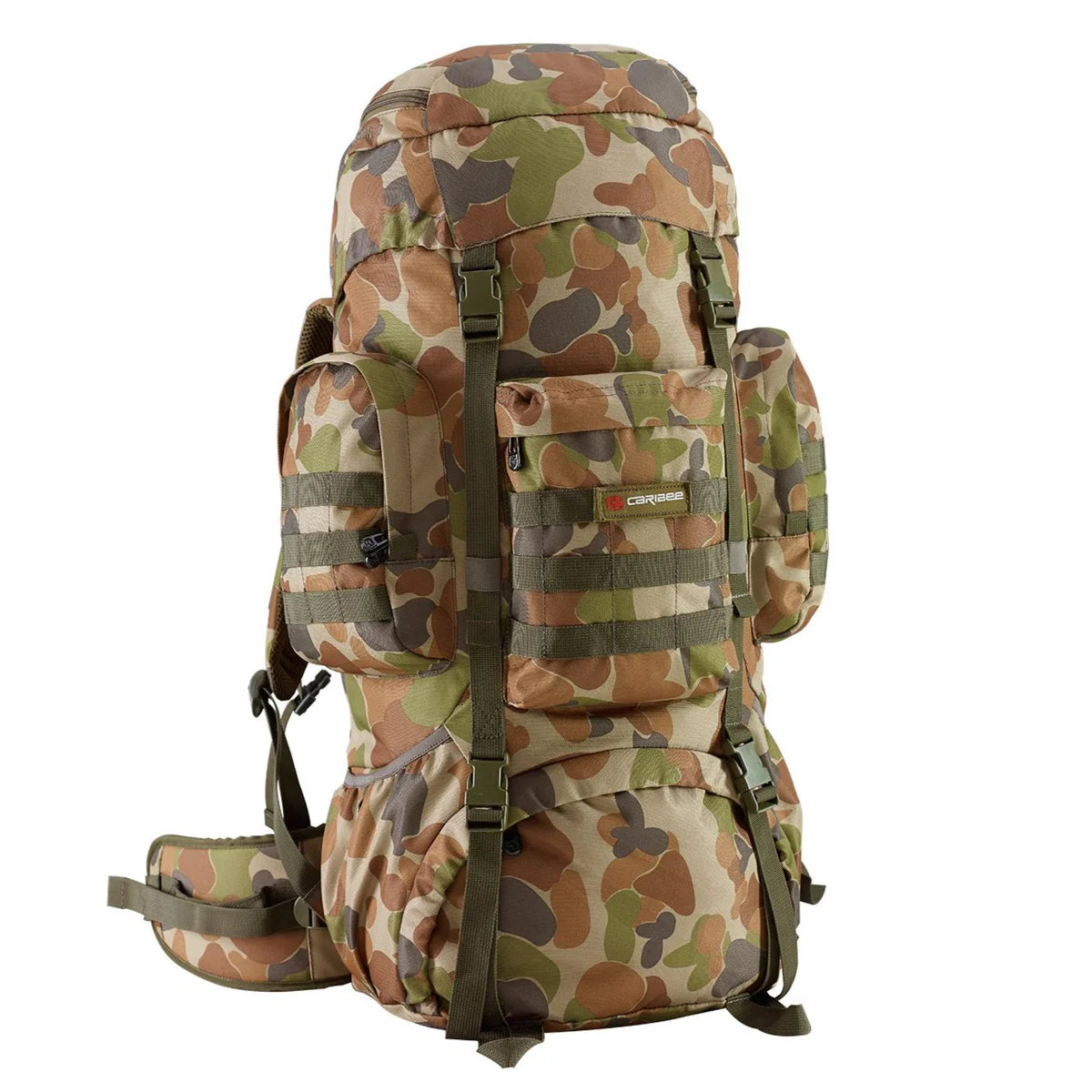 Caribee 6942 Platoon 70L Travel Hiking Backpack - 70L Large Capacity Military Style Auscam Camouflage Pack for Outdoor Camping, Trekking & Adventure Travel