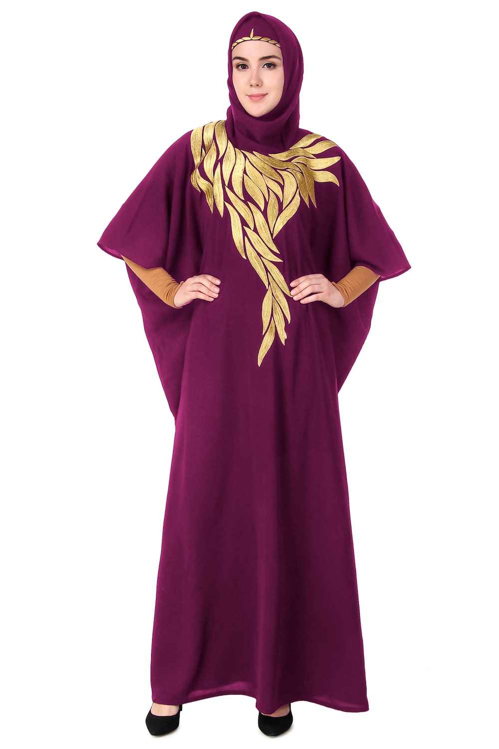 Handmade Gold Embroidered Multi-Leaf Design Kaftan Dress - Elegant Boho Chic Loungewear for Women, Perfect for Beach Cover-ups, Resort Wear & Summer Evenings