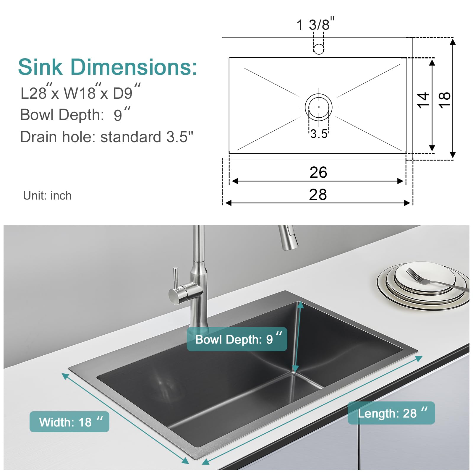 28 Inch Drop-in Black Stainless Steel Kitchen Sink Single Bowl - 9 Inch Deep Top-Mount Handmade Overmount Sink with Basket Strainer - Perfect for Modern Kitchens, Restaurants & RV Remodels