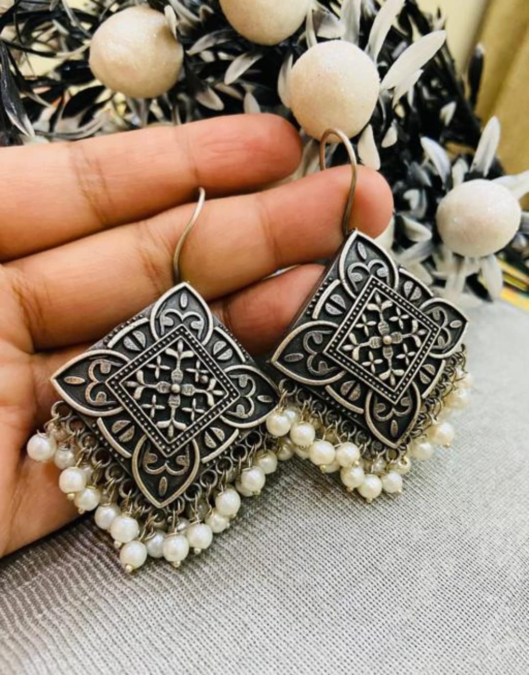 Paninaro Pearl Work Oxidized Afghani Hook Earrings for Women & Girls - Elegant Boho Jewelry for Parties, Weddings & Everyday Wear