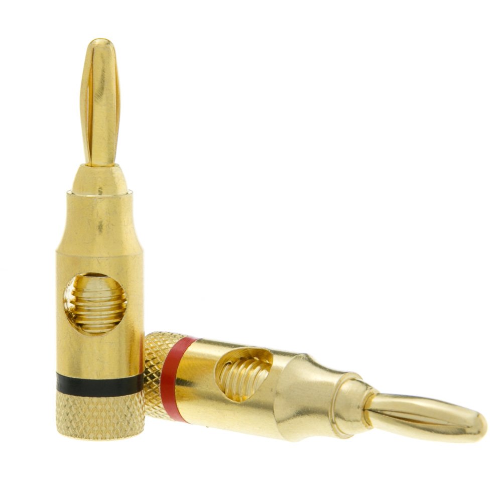 Premium Banana Plugs for Speaker Cables - Gold Plated Brass Connectors (2-Pack, Black & Red) - Perfect for Home Theater, Stereo Systems & Audio Equipment Connections