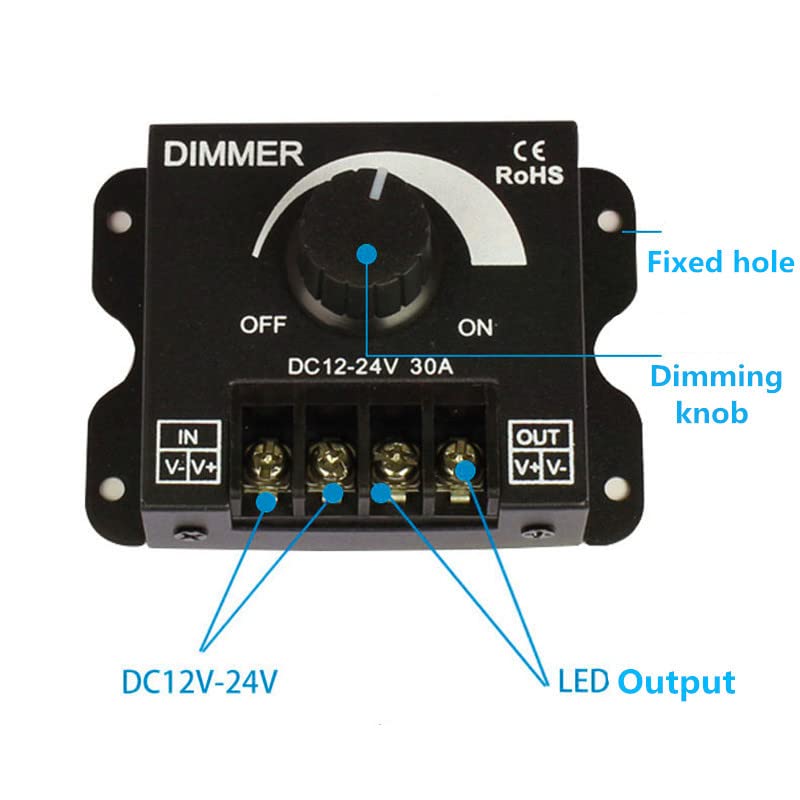 12V/24V 30A LED Dimmer Switch - Adjustable Brightness Controller for Single Color LED Strips (3528, 5050) - Perfect for Home Lighting, Bedroom Mood Lights & DIY LED Projects
