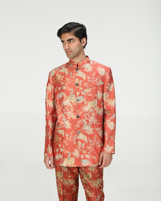 Bandhgala Silk Brocade Jacket - Red Zig Zag Pattern for Men | Indian Wedding Attire & Formal Occasions