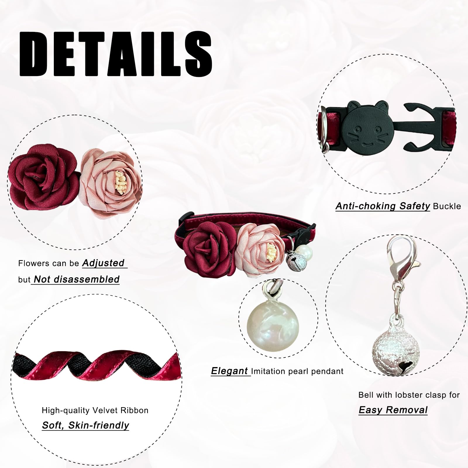 Fupo Adjustable Breakaway Cat Collar with Red & Pink Flower - Safe Pet Necklace for Small Cats & Dogs (7.5