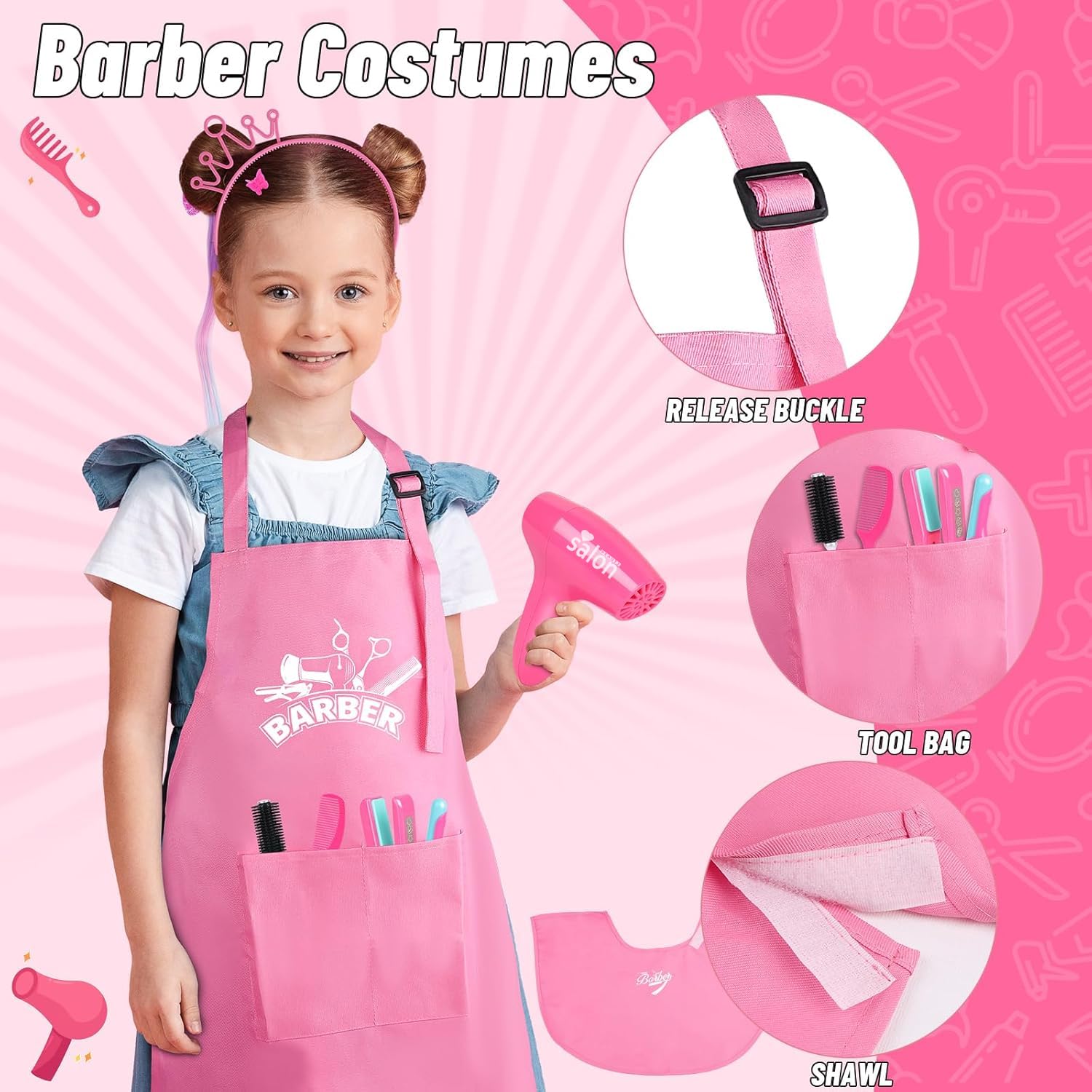 Girls Hair Salon Pretend Play Set - Styling Toys with Blow Dryer, Barber Apron, Scissors & Fake Money | Perfect for Kids Role Play, Birthday Gifts & Preschool Learning Activities