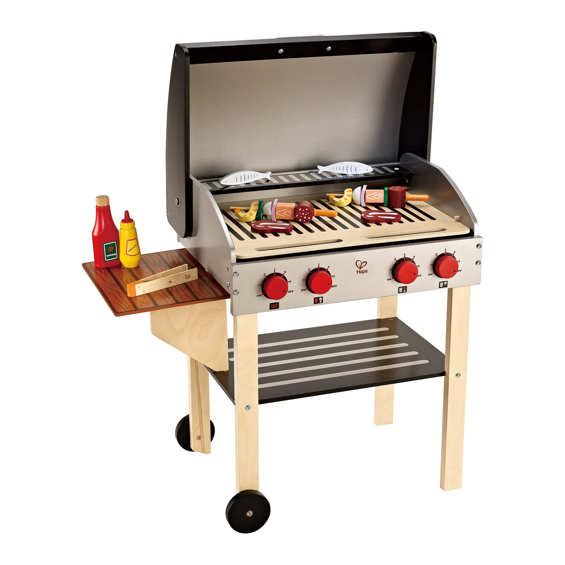 Hape Wooden Gourmet Grill and Shish Kabob Playset - Pretend Play BBQ Cooking Toy Set with Realistic Play Food for Kids | Outdoor & Indoor Role Play, Birthday Gift for Toddlers & Preschoolers