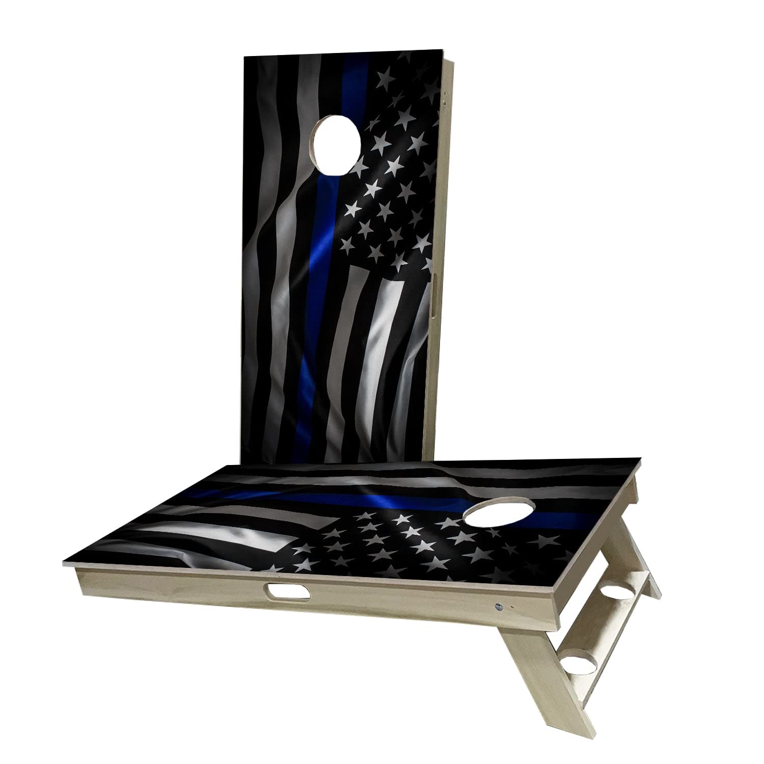 Premium Thin Blue Line Cornhole Game Set - 2 Boards & 8 Bags - American Flag Rustic Design - Perfect for Backyard, BBQ, Tailgating & Outdoor Parties