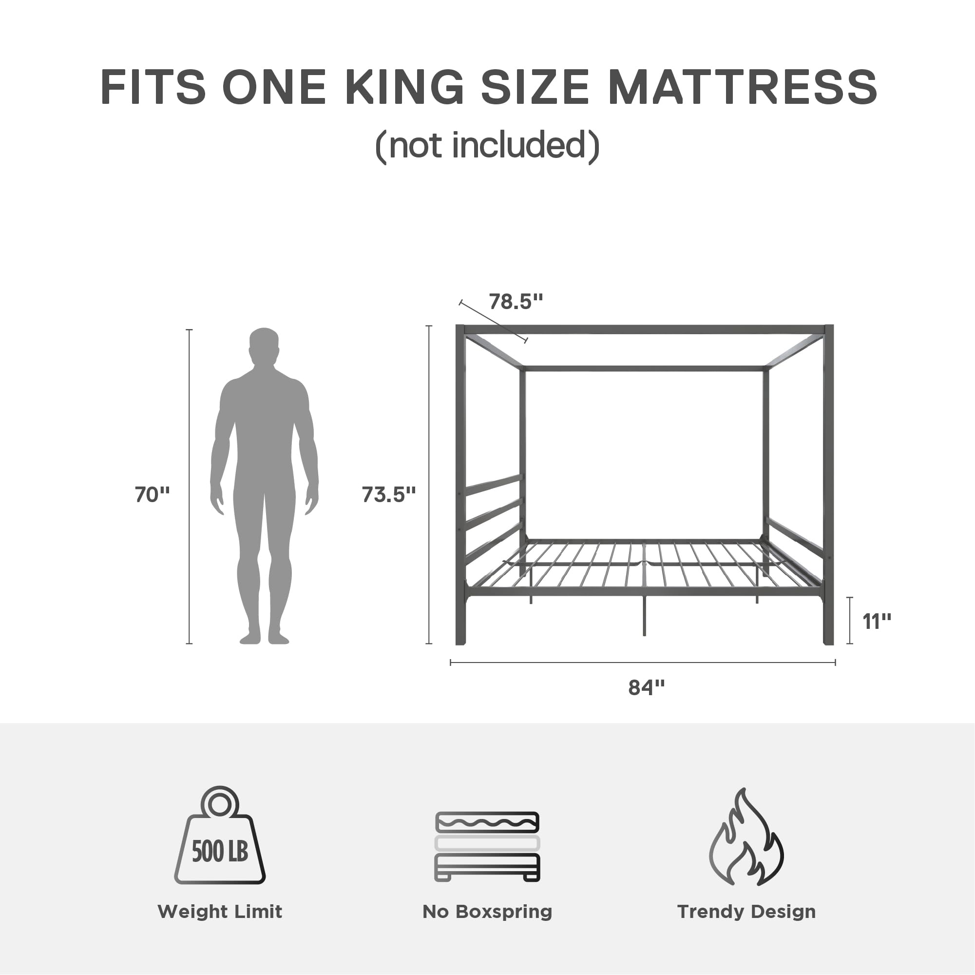 DHP King Metal Canopy Bed Frame - Modern Platform Bed with Built-In Headboard, Sturdy Steel Frame, No Box Spring Needed in Gunmetal Gray - Perfect for Master Bedroom, Guest Room & Modern Home Decor
