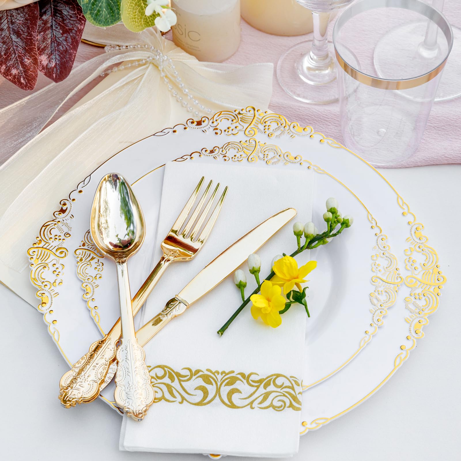 Premium 350-Piece Gold Disposable Dinnerware Set - 100 Elegant Plates, 150 Plastic Silverware, 50 Cups & 50 Napkins - Perfect for Weddings, Parties & Large Gatherings (50 Guests) - Ideal for Outdoor Events, Catering & Special Occasions