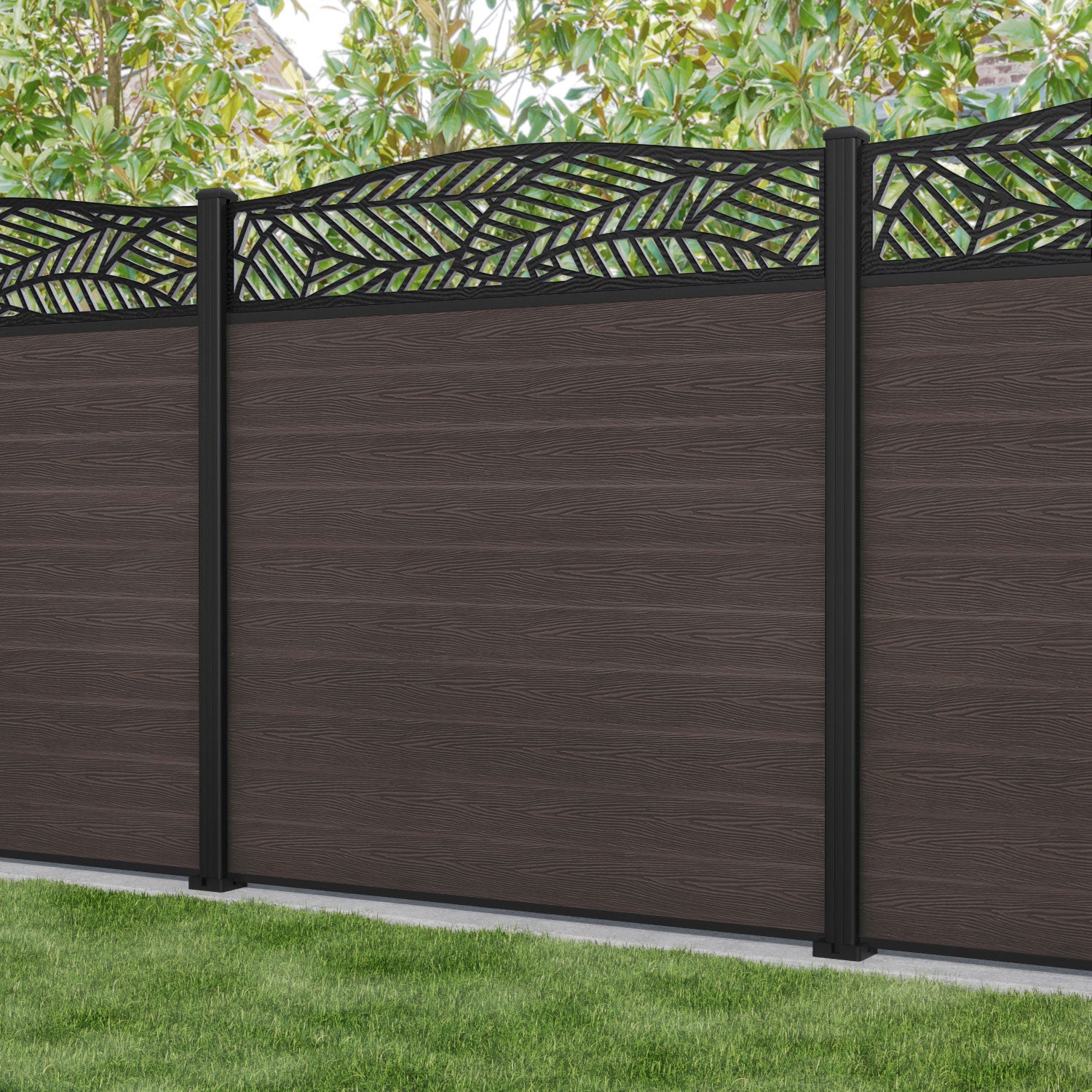 Classic Habitat Curved Top Fence Panel - Mid Brown Wooden Privacy Fence with Aluminum Posts | Outdoor Garden, Yard, and Backyard Decoration & Security Solution