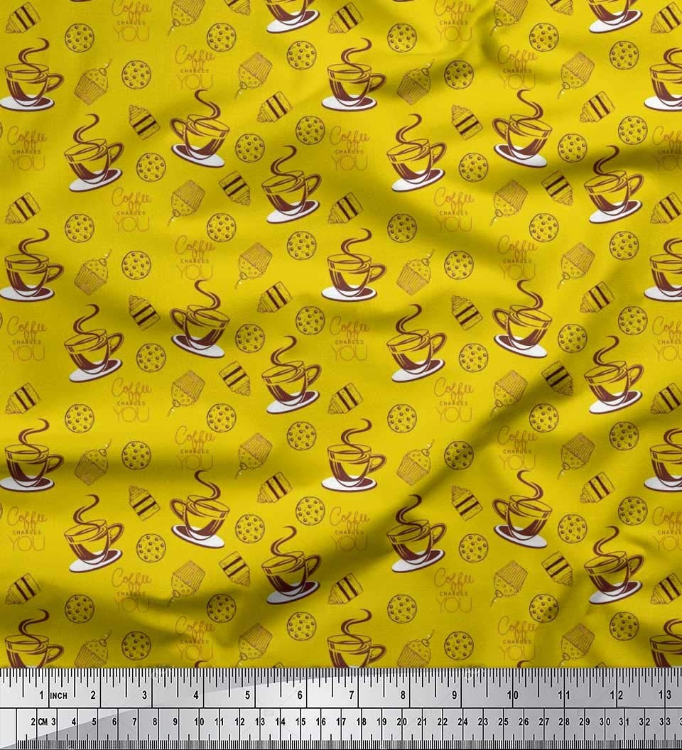 Soimoi Japanese Crepe Yellow Fabric by The Yard - 42 Inch Wide - Coffee, Cookies & Cupcake Print Textile - Soft & Sweet Design for DIY Fashion, Home Decor, Quilting & Craft Projects