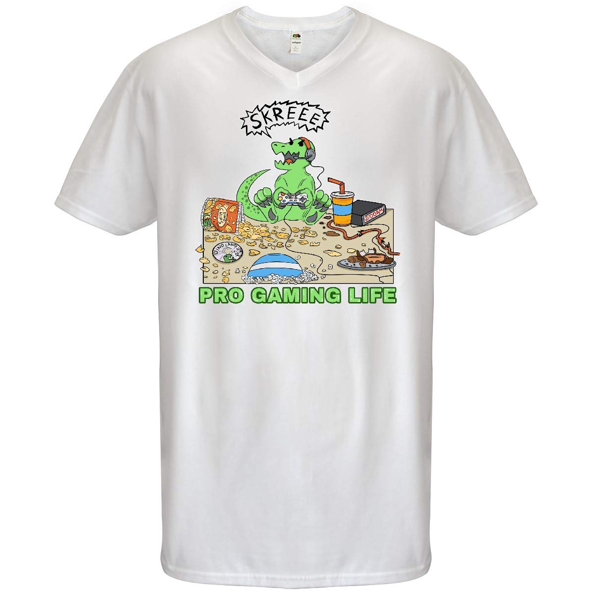 Inktastic Pro Gaming Life Dinosaur V-Neck T-Shirt for Men - Comfortable Casual Gamer Tee for Everyday Wear & Gaming Events