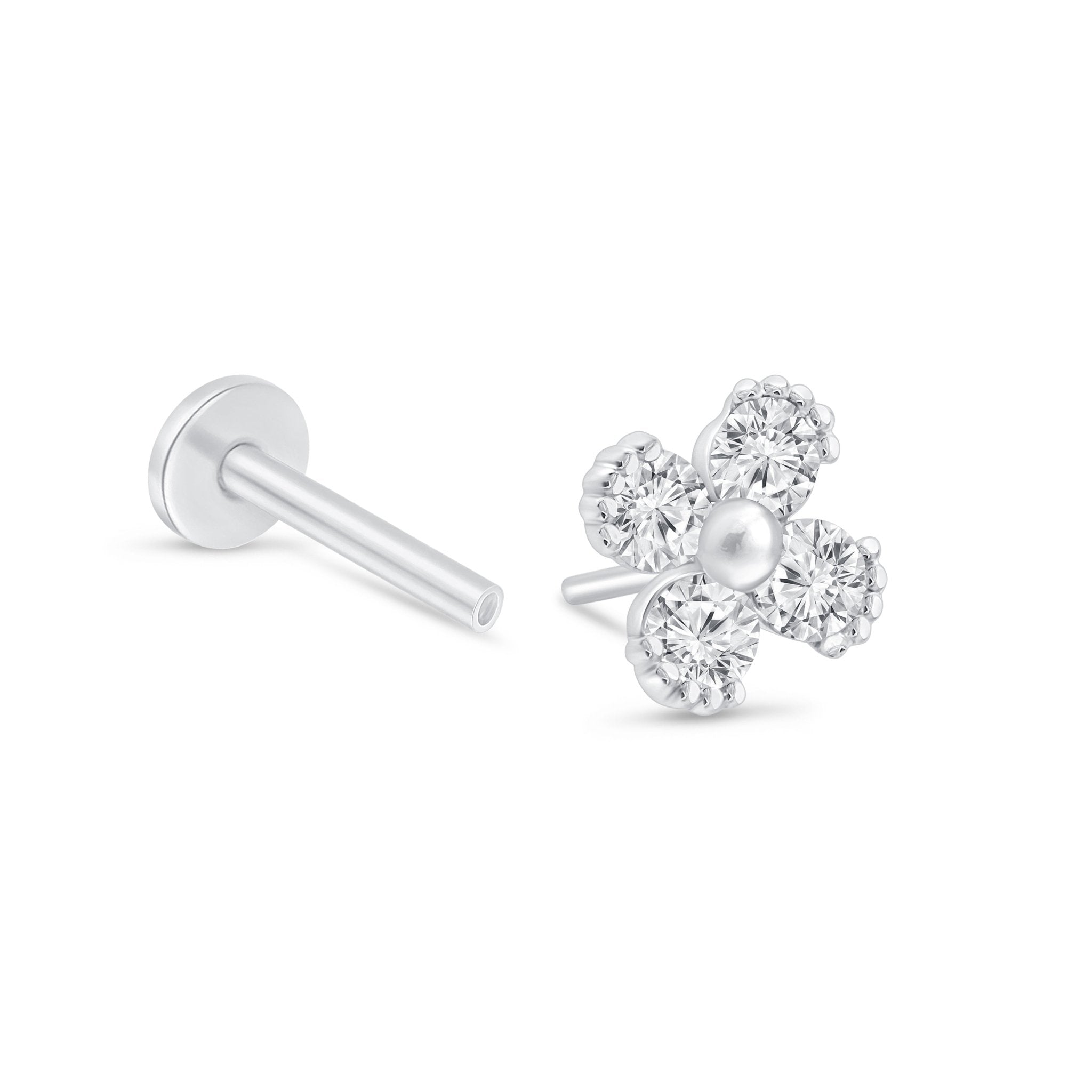 14k White Gold Beaded Four Petal Flower Diamond Flat Back Stud Earrings for Women - Perfect for Weddings, Parties & Everyday Elegant Wear
