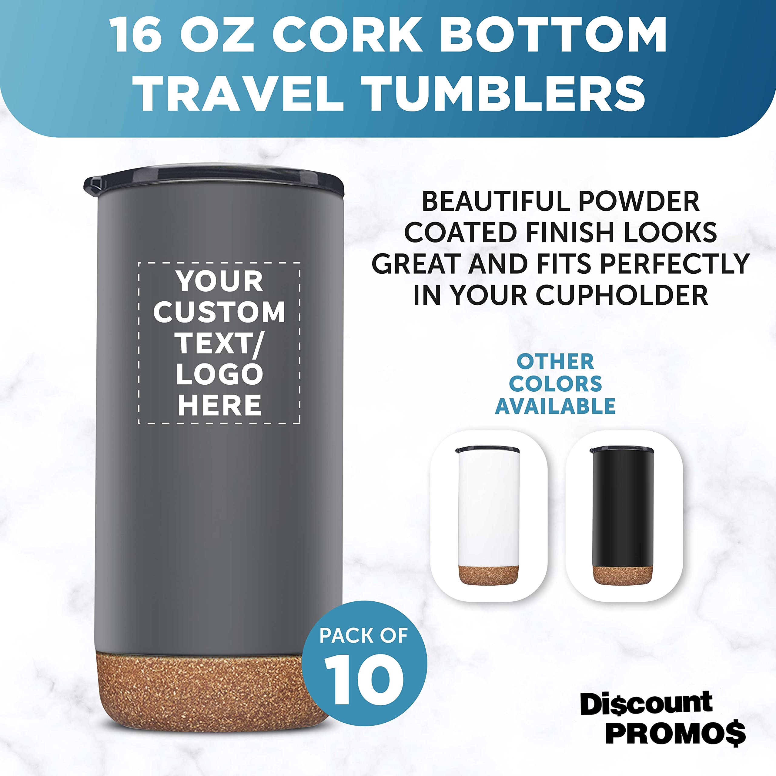 16 oz Custom Travel Tumblers with Cork Base - Set of 10 Insulated Stainless Steel Cups with Matte Finish | Personalized Bulk Pack for Iced Coffee, Soda & Beverages | Perfect for Office, Camping, Travel & Gifts (Grey)
