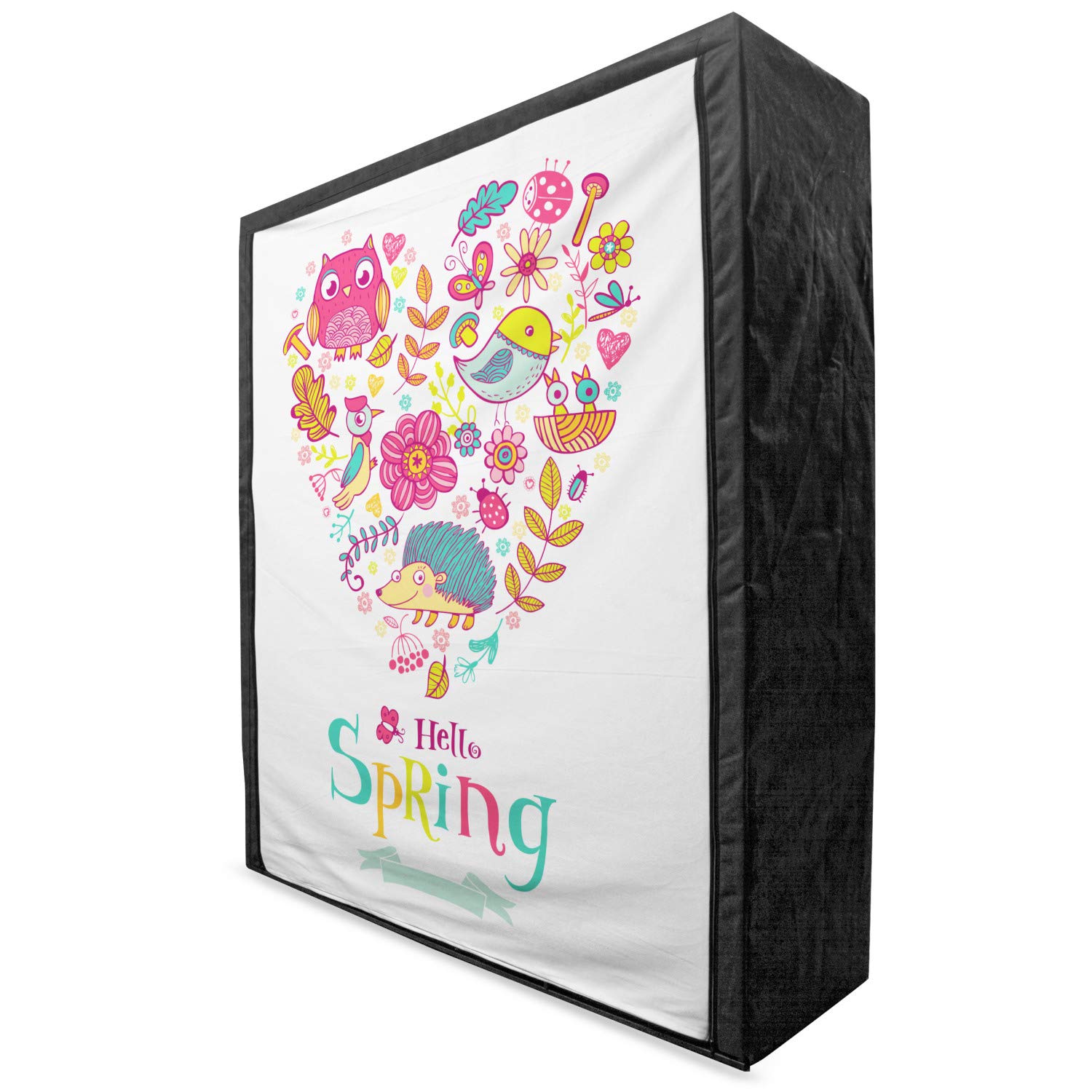 Ambesonne Hello Portable Fabric Wardrobe - Doodle Style Spring Print with Heart-Shaped Animal & Flower Frame, 59