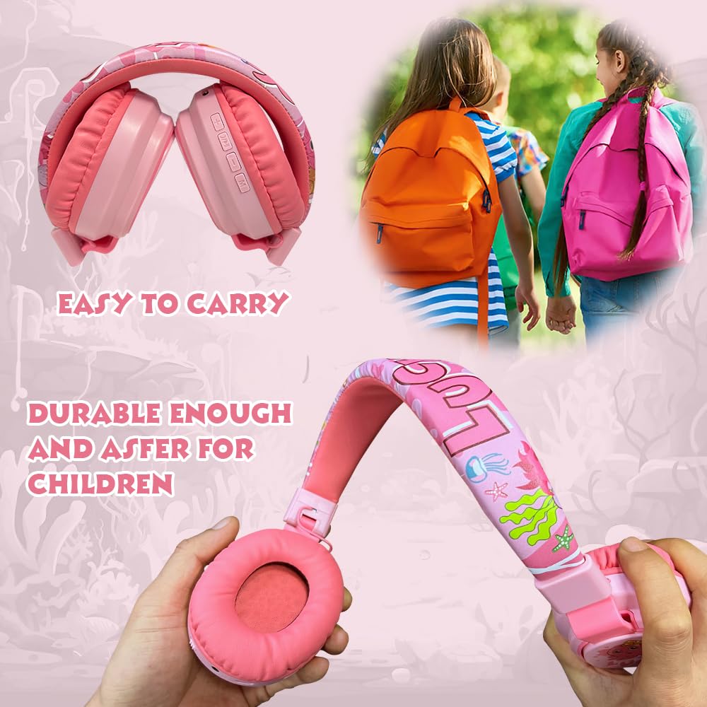 MIDOLA Kids Wireless Bluetooth Headphones with Volume Limit (85dB/110dB) - Foldable Over-Ear Headset with Mic & AUX Cord for Boys & Girls - Safe for School, Tablet, Phone, Travel & Home Use (Cartoon Pink)
