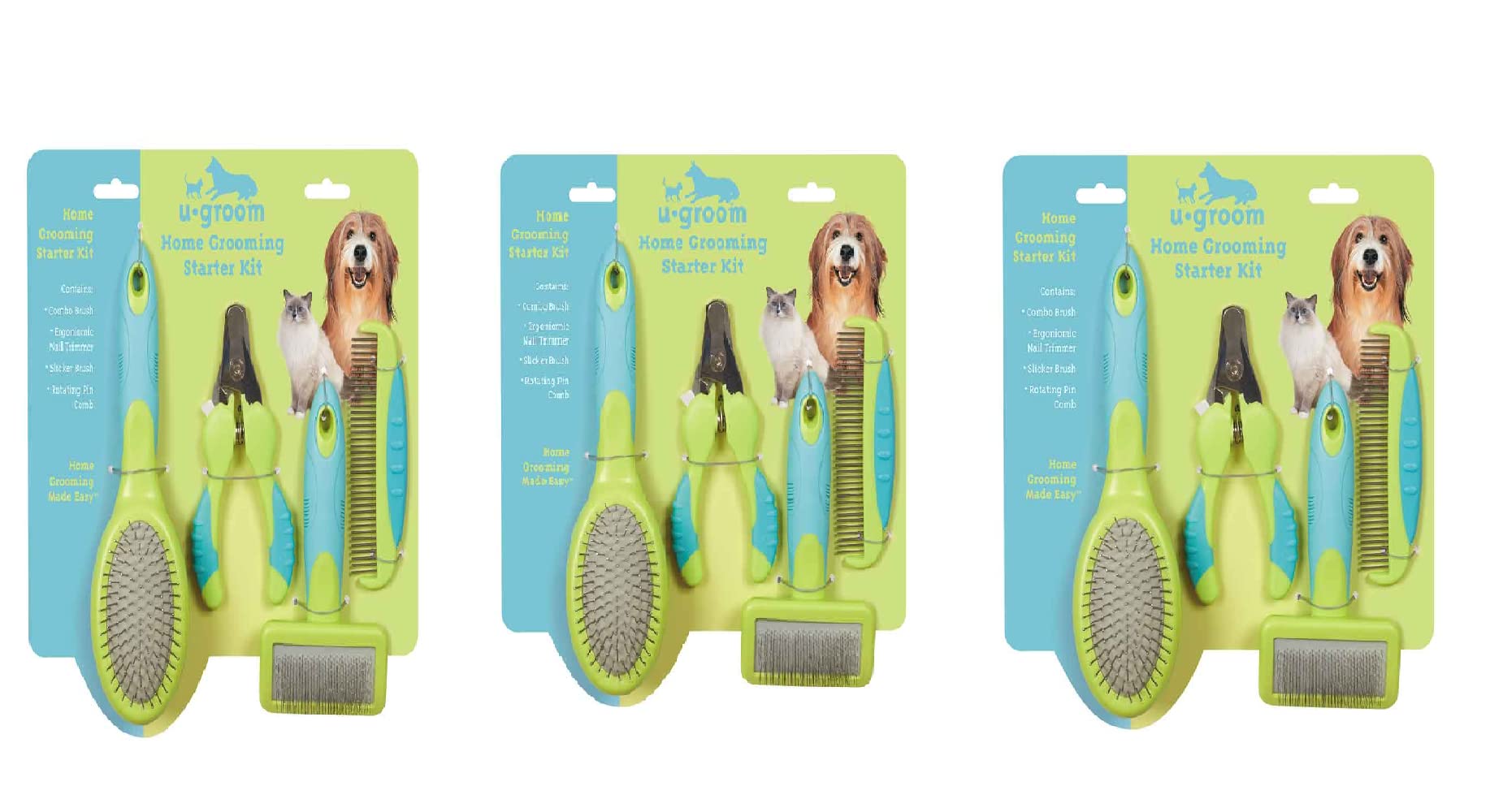 Premium Dog & Cat Grooming Kit - 4-Piece Pet Care Set with Slicker Brush, Rotating Pin Brush, Comb & Nail Clipper (3 Kits) - Perfect for Home Grooming, Shedding Control & Paw Care