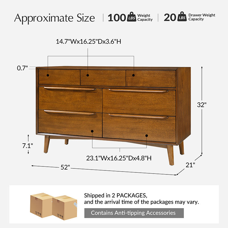 Ileanna Mid Century Modern 7-Drawer Dresser - Solid Wood Bedroom Chest of Drawers for Storage & Organization | Perfect for Master Bedroom, Guest Room & Nursery